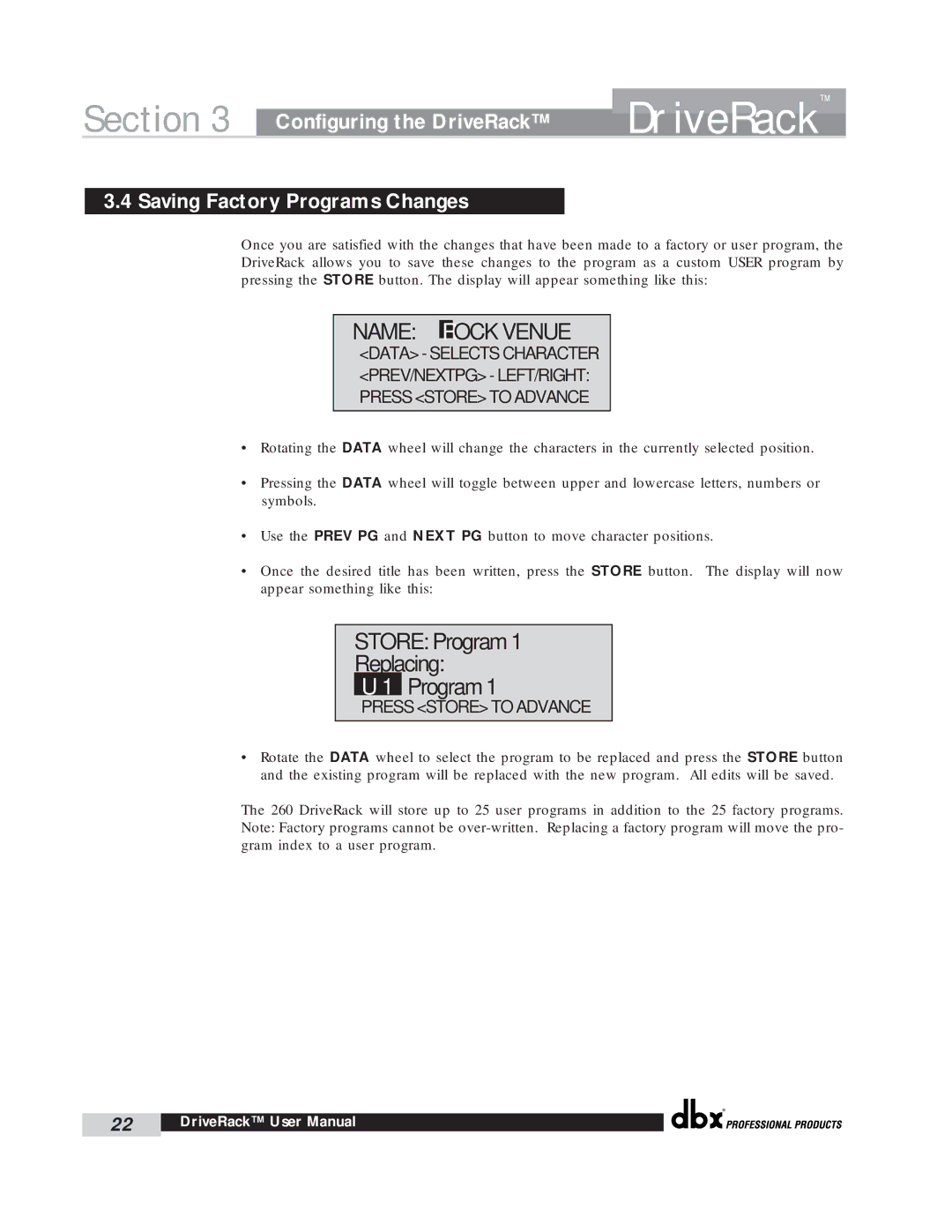 dbx Pro 260 user manual Store Program Replacing, Saving Factory Programs Changes 