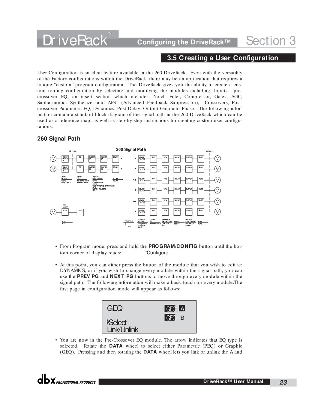 dbx Pro 260 user manual Select, Link/Unlink, Creating a User Configuration, Signal Path 