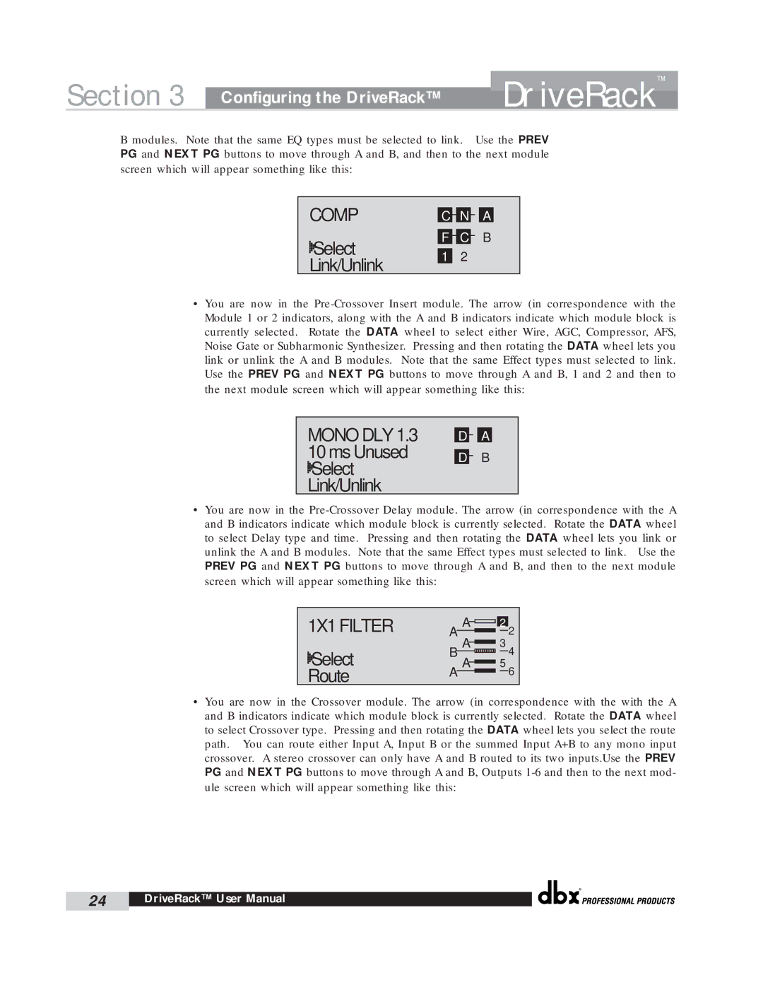 dbx Pro 260 user manual Mono DLY 1.3 10 ms Unused Select Link/Unlink, Select Route 