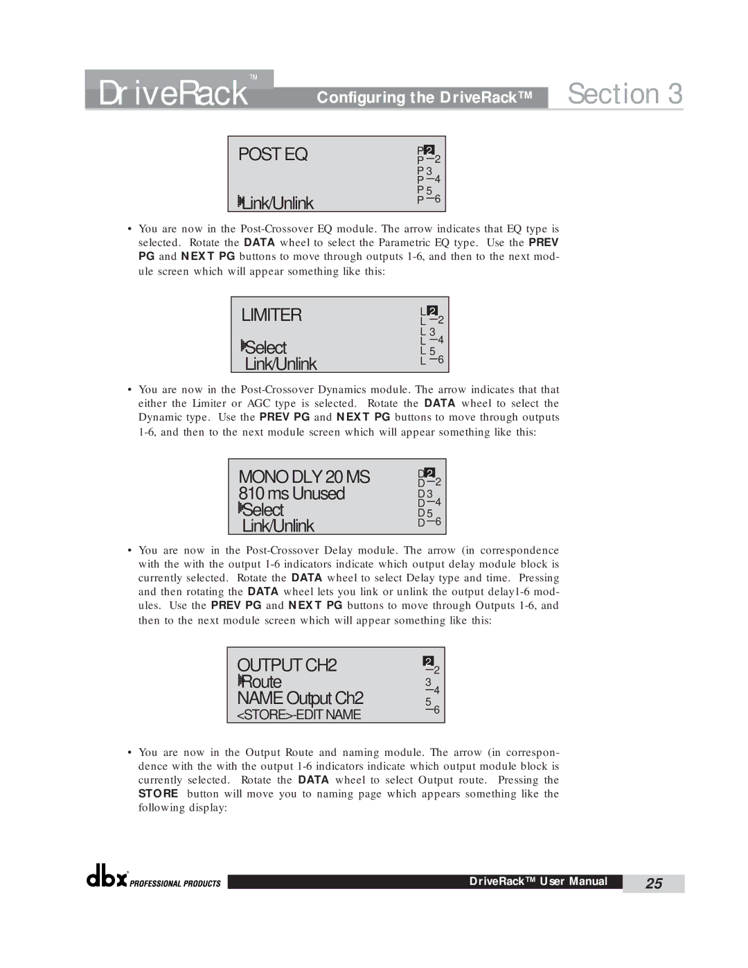 dbx Pro 260 user manual Mono DLY 20 MS 810 ms Unused Select Link/Unlink, Route Name Output Ch2 