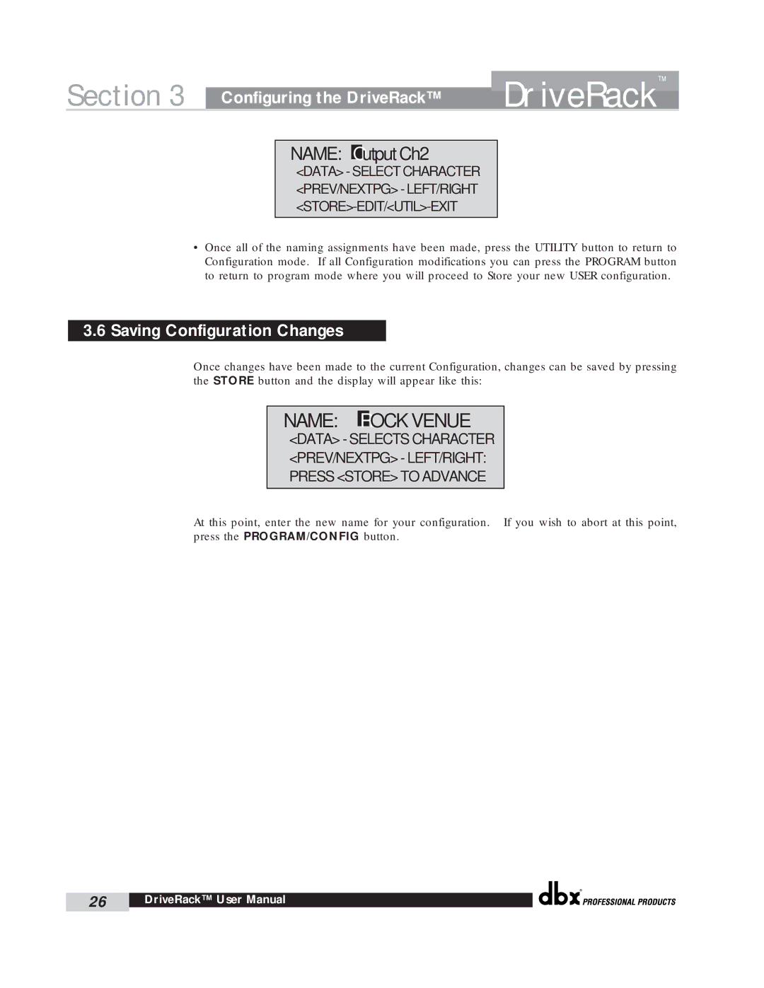 dbx Pro 260 user manual Name Rock Venue, Saving Configuration Changes 