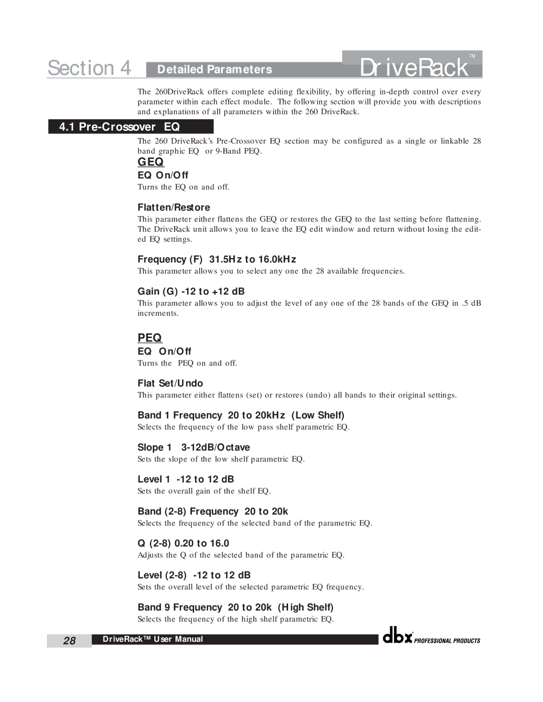 dbx Pro 260 user manual Detailed Parameters, Pre-Crossover EQ 