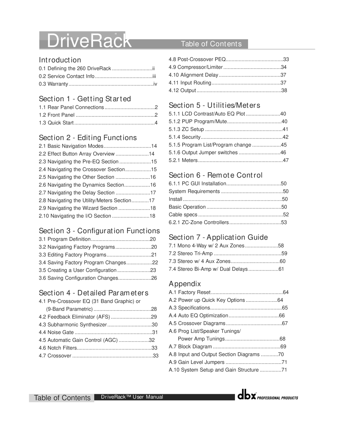 dbx Pro 260 user manual DriveRack, Table of Contents 