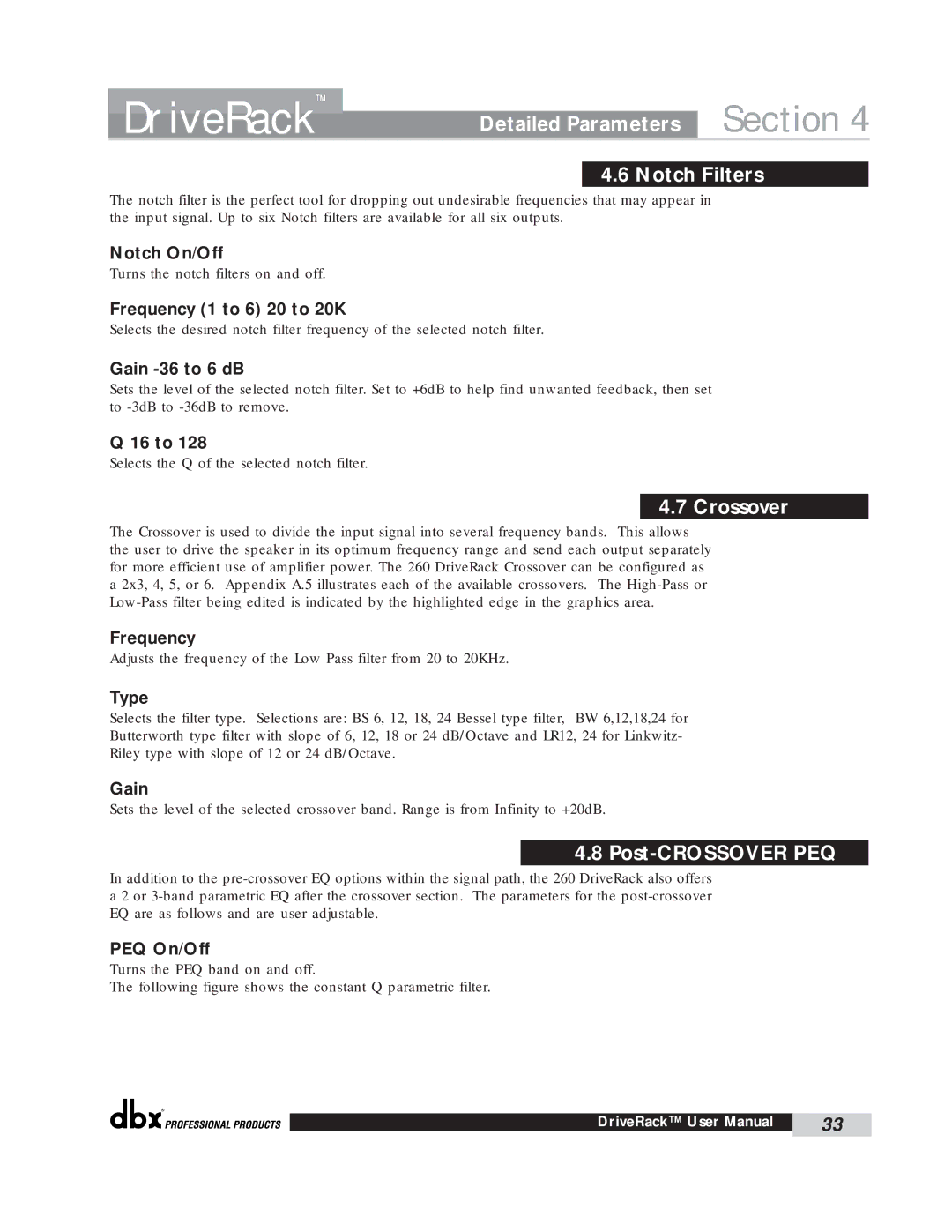 dbx Pro 260 user manual Notch Filters, Crossover, Post-CROSSOVER PEQ 