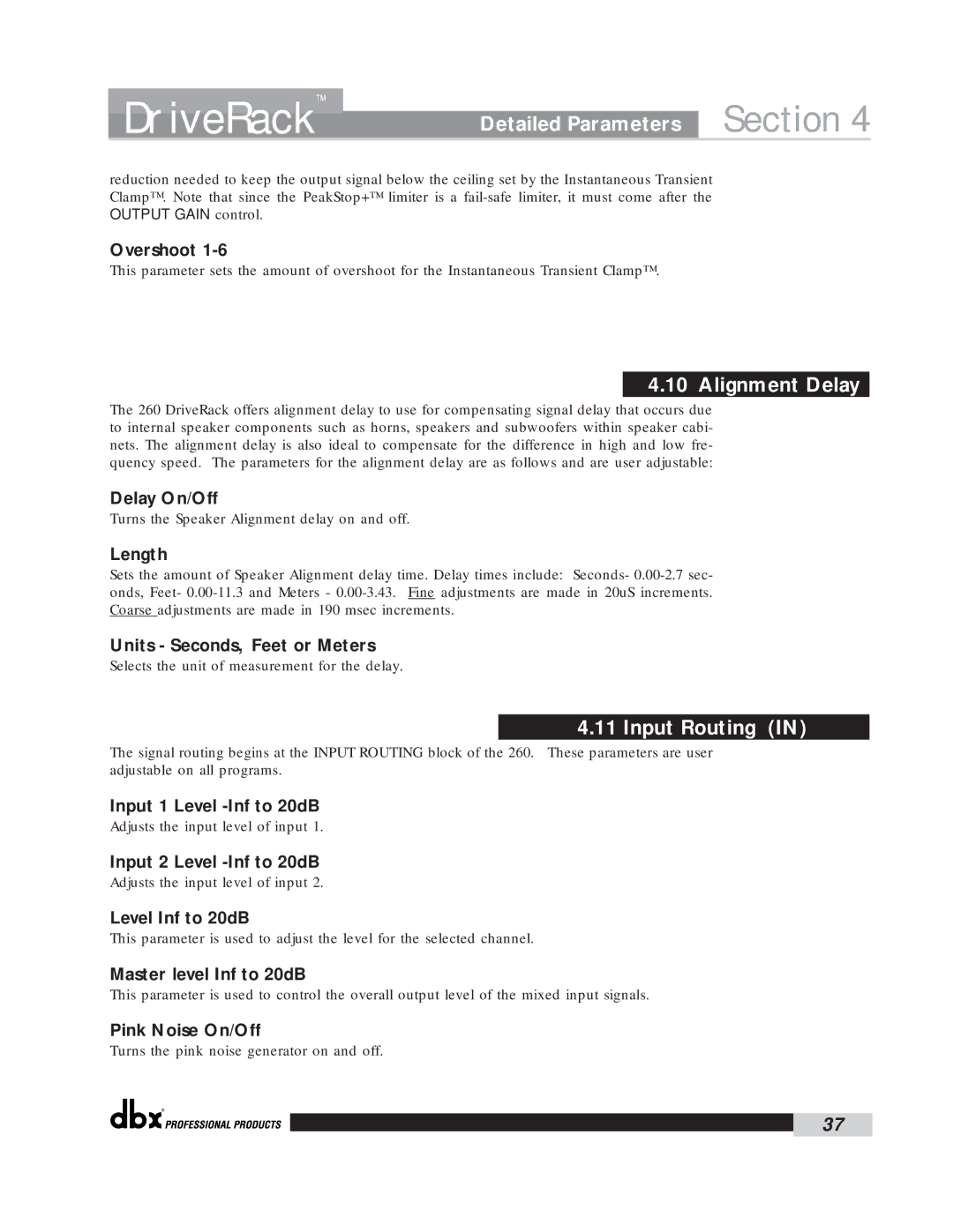 dbx Pro 260 user manual Alignment Delay, Input Routing 