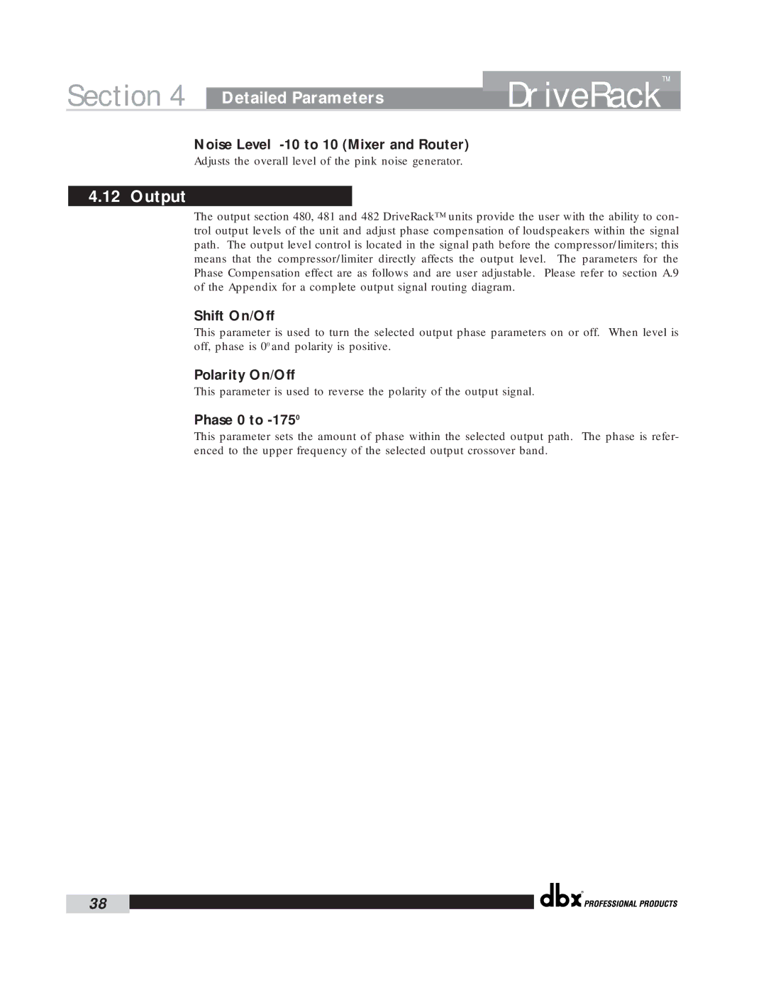 dbx Pro 260 user manual Output, Noise Level -10 to 10 Mixer and Router, Shift On/Off, Polarity On/Off, Phase 0 to 