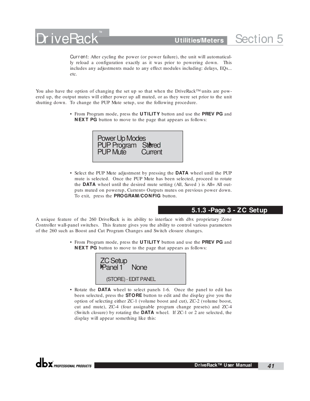 dbx Pro 260 user manual ZC Setup Panel None 