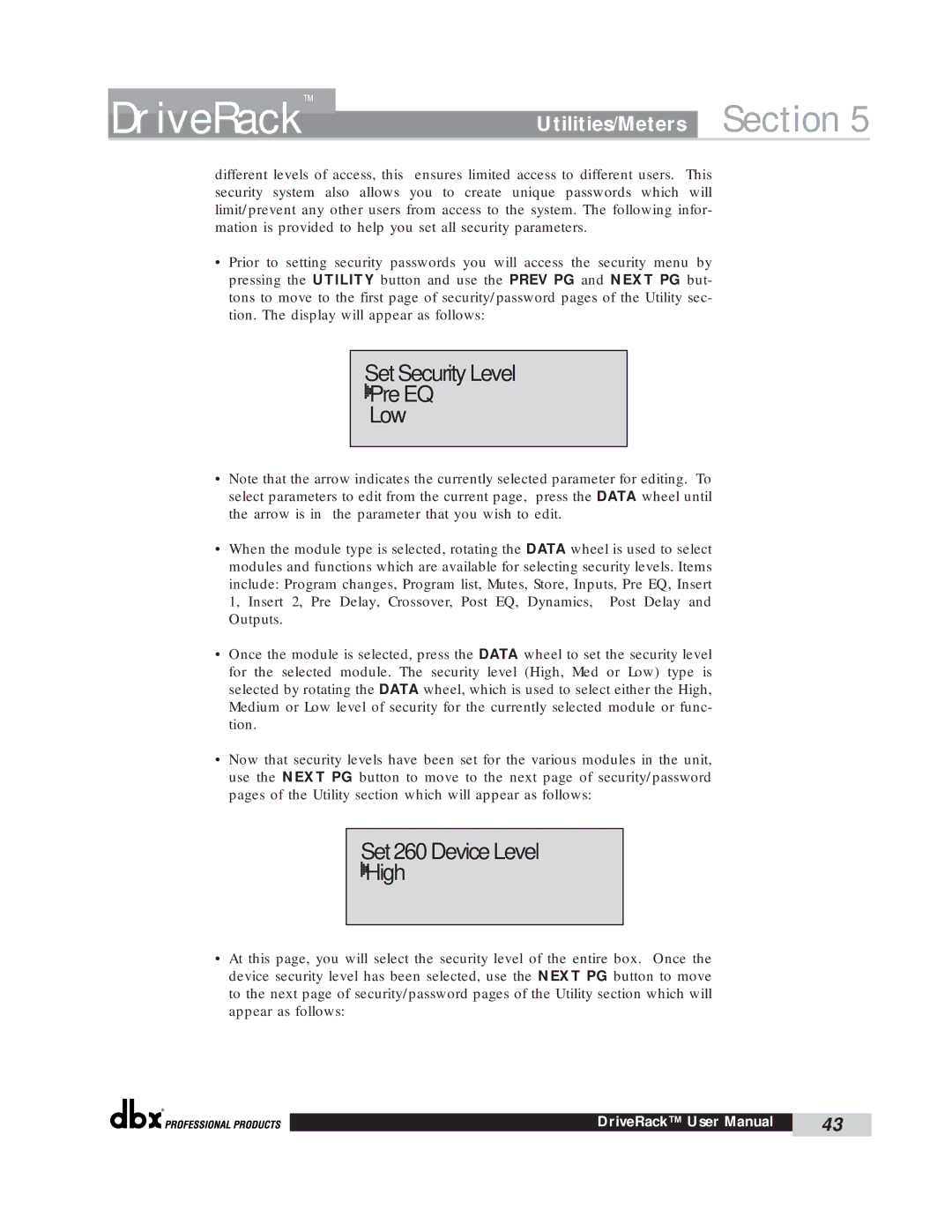 dbx Pro user manual Set Security Level Pre EQ Low, Set 260 Device Level High 