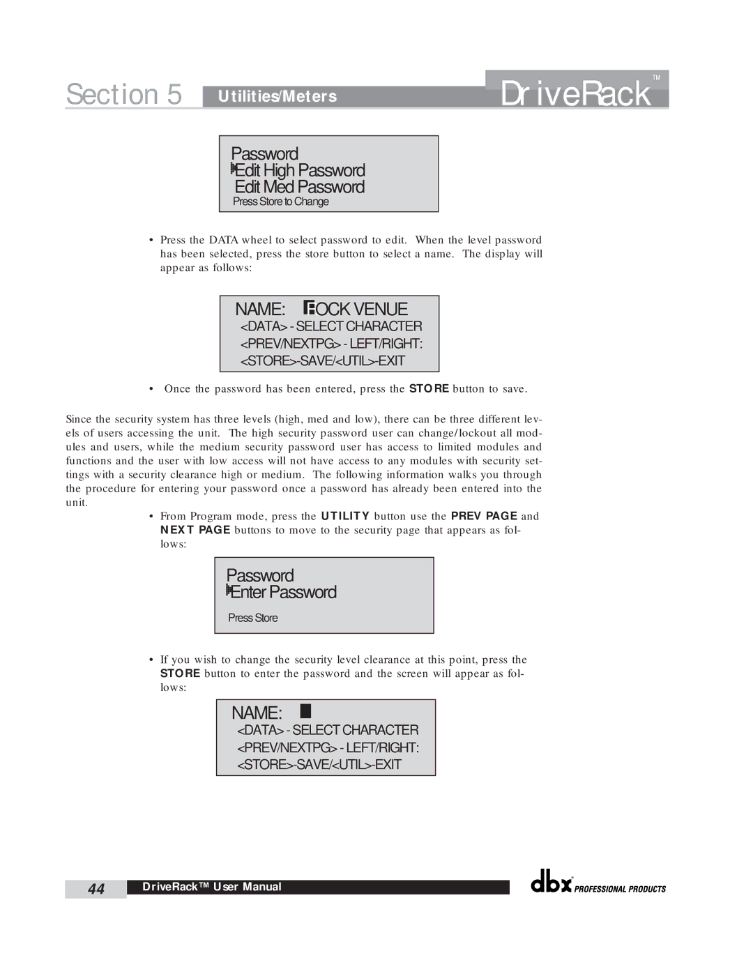 dbx Pro 260 user manual Password Edit High Password Edit Med Password, Password Enter Password 