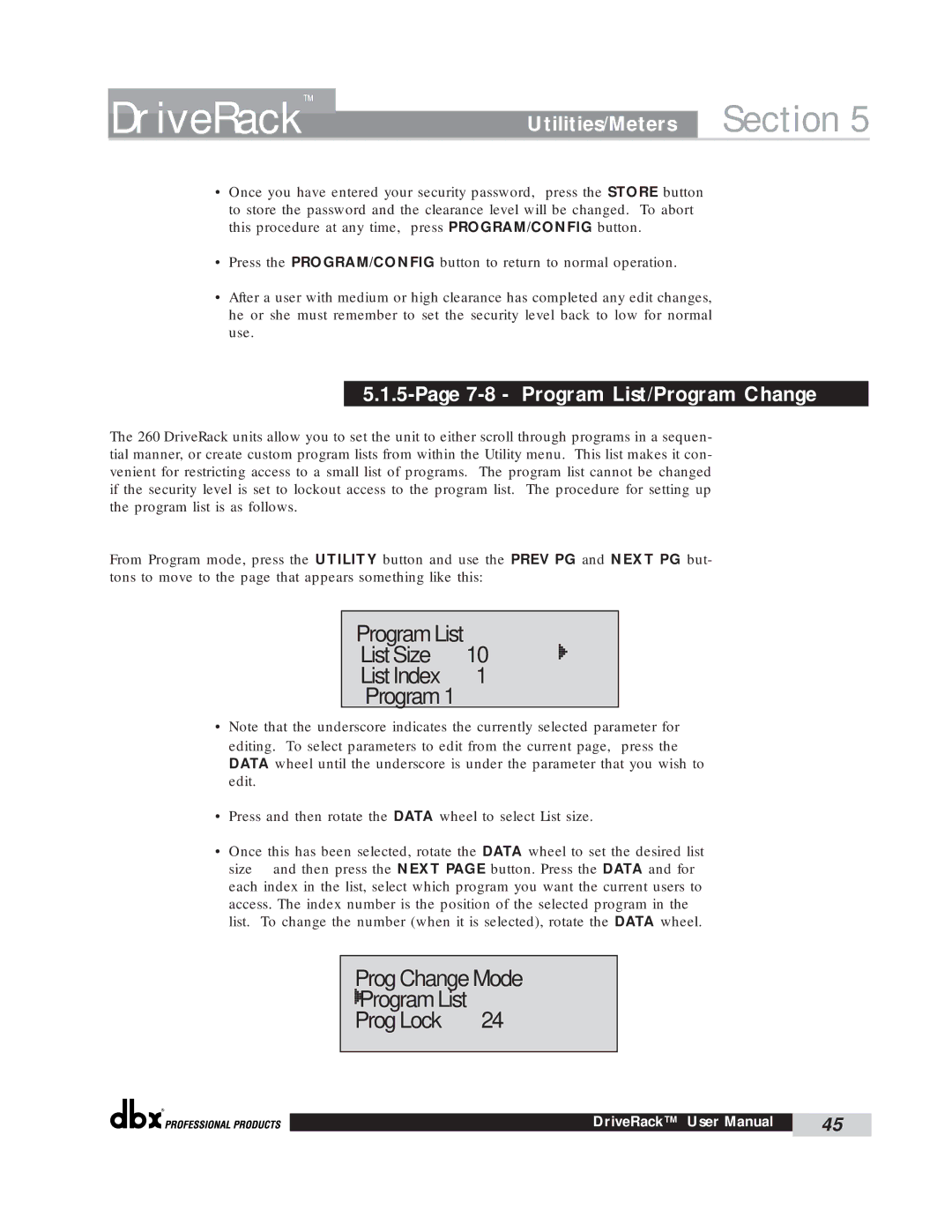 dbx Pro 260 Program List List Size List Index, Prog Change Mode Program List Prog Lock, Program List/Program Change 