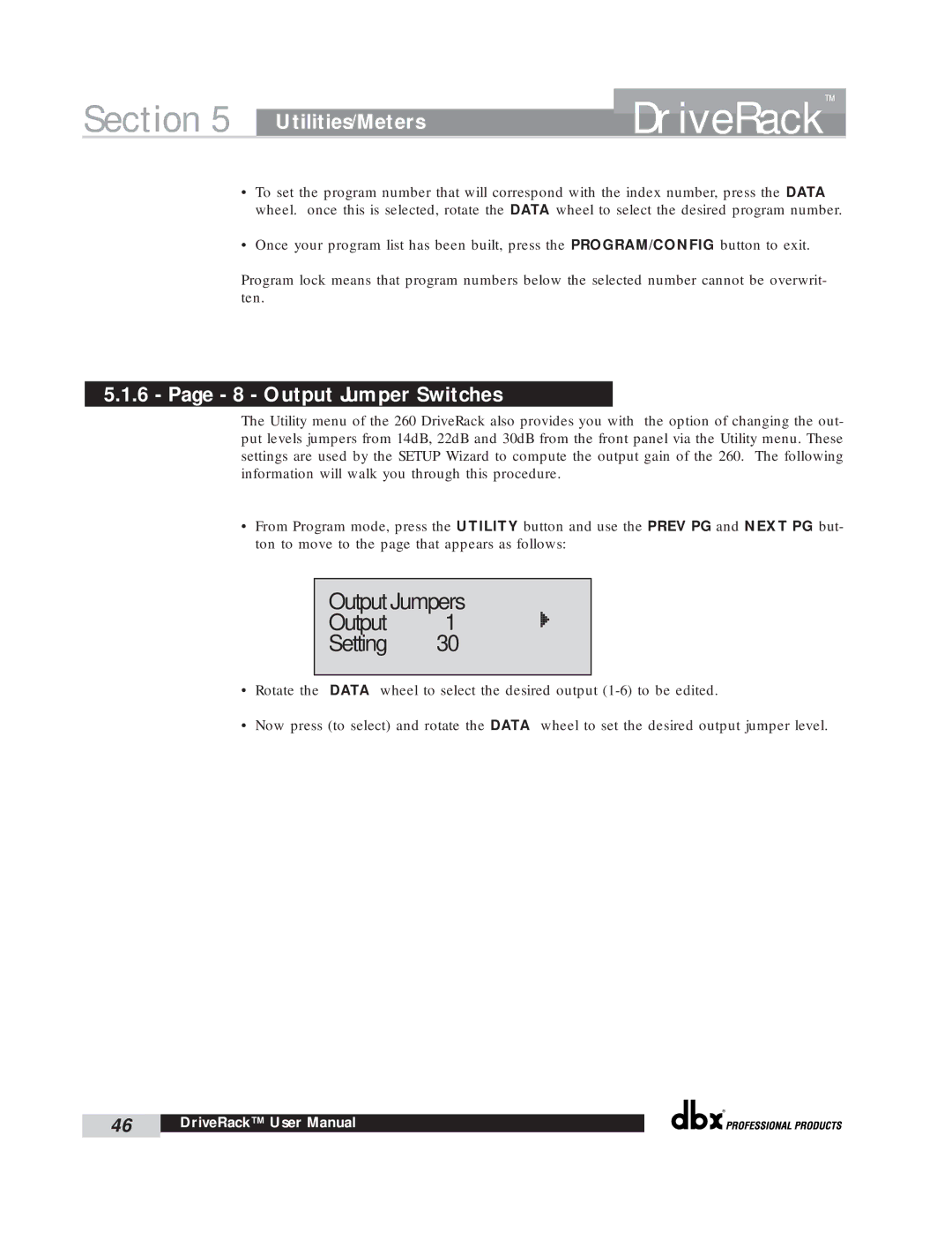 dbx Pro 260 user manual Output Jumpers Setting, Output Jumper Switches 