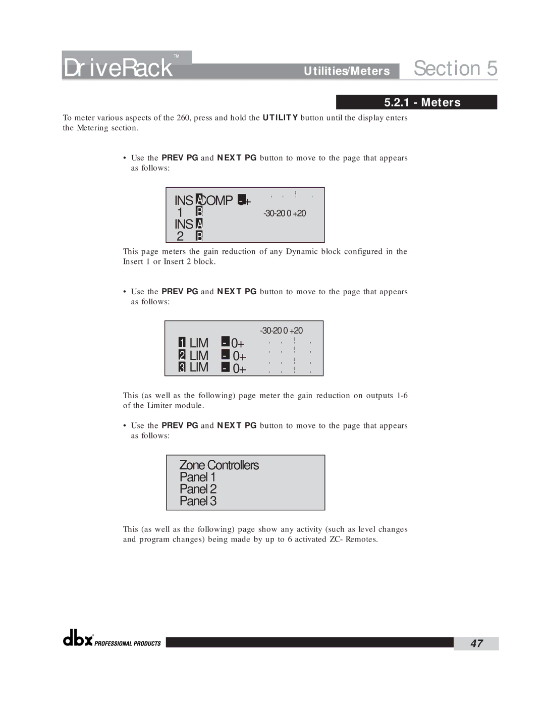 dbx Pro 260 user manual Insa Comp o+, LIM 0+, Zone Controllers Panel, Meters 