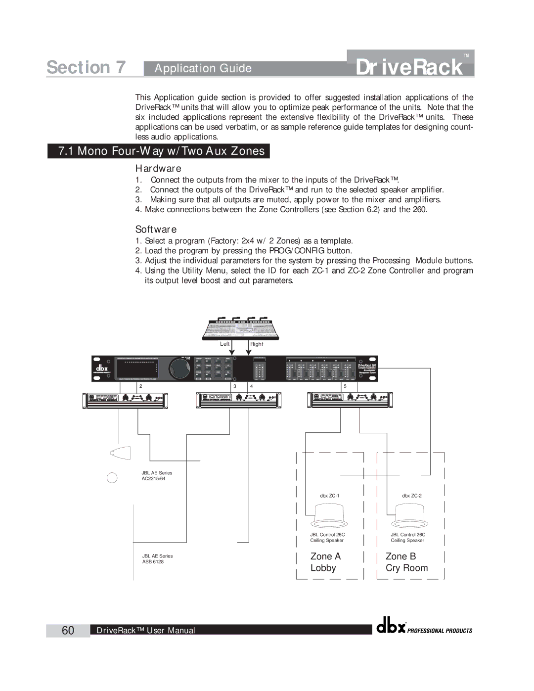 dbx Pro 260 user manual Application Guide, Mono Four-Way w/ Two Aux Zones, Hardware, Software 