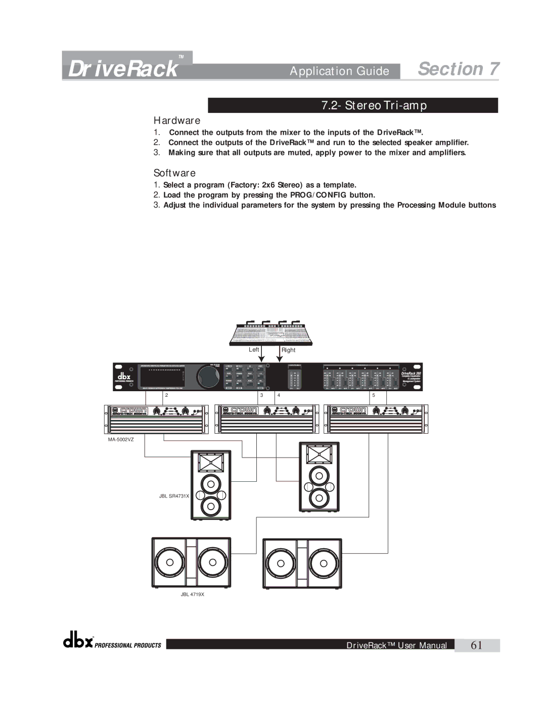 dbx Pro 260 user manual DriveRack, Stereo Tri-amp 