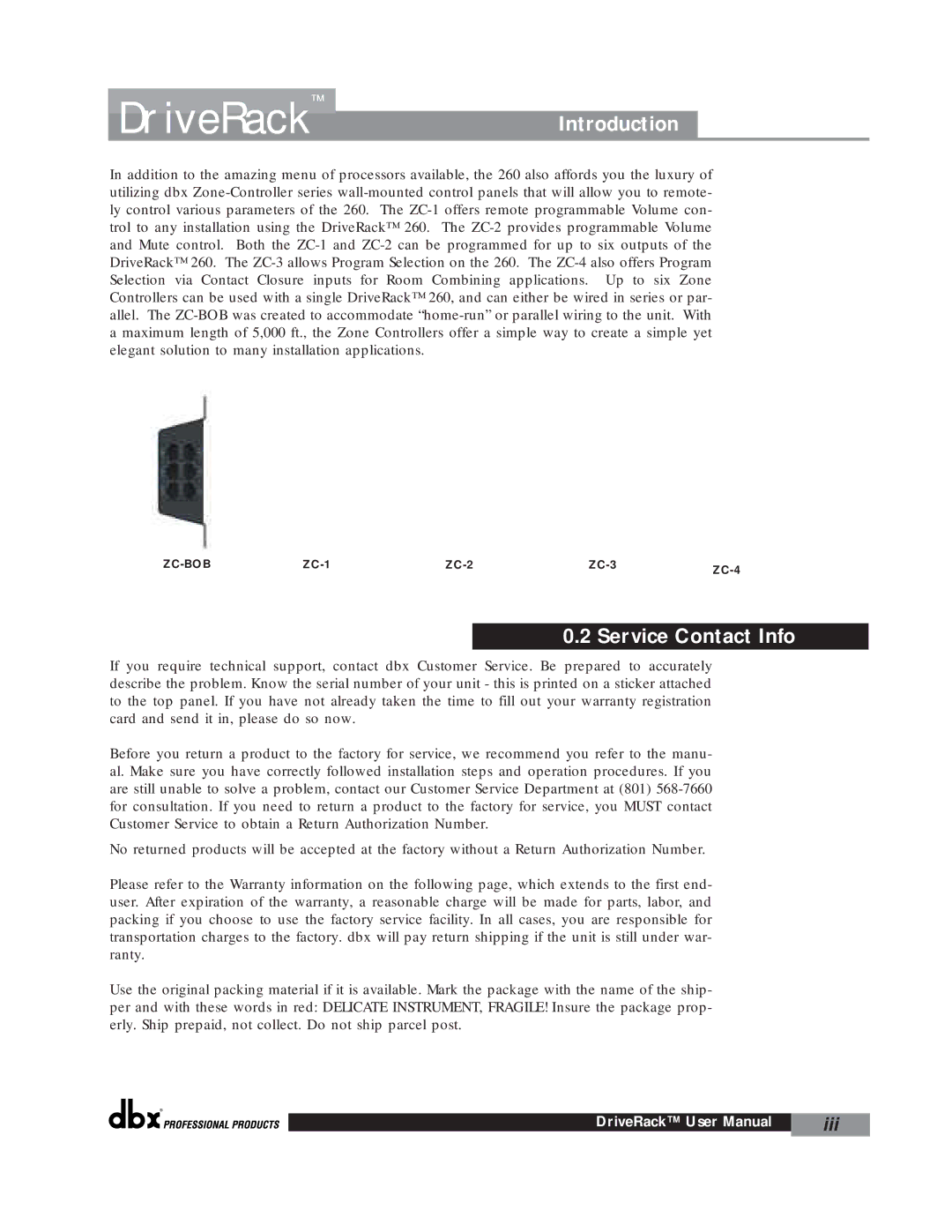 dbx Pro 260 user manual DriveRackIntroduction, Service Contact Info 