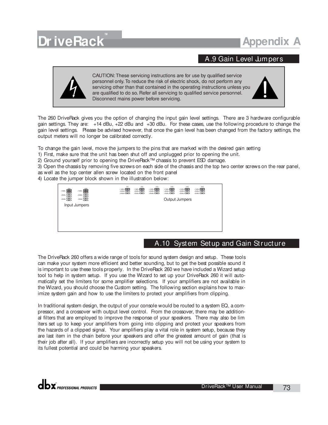 dbx Pro 260 user manual Gain Level Jumpers, System Setup and Gain Structure 