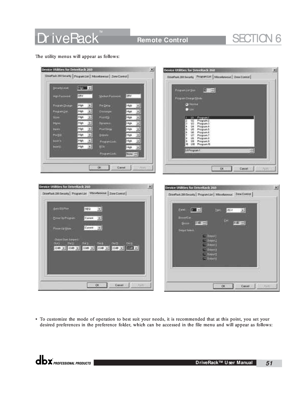 dbx Pro 260 user manual Section, DriveRack, Remote Control, The utility menus will appear as follows 