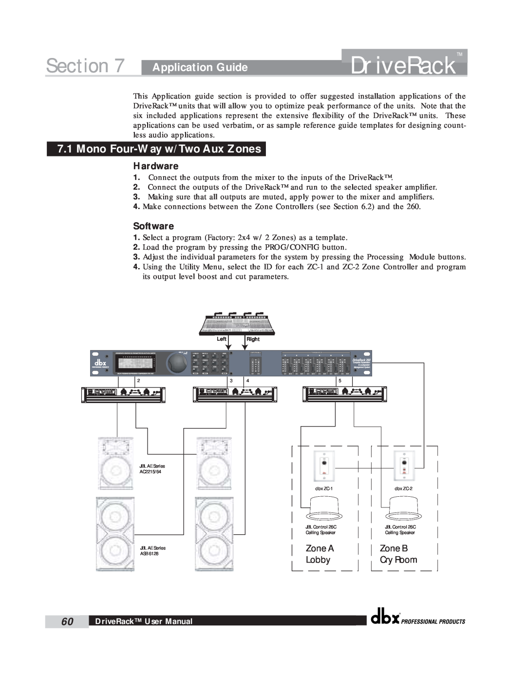 dbx Pro 260 user manual Application Guide, Mono Four-Wayw/ Two Aux Zones, Hardware, Software, Section, DriveRack, Cry Room 