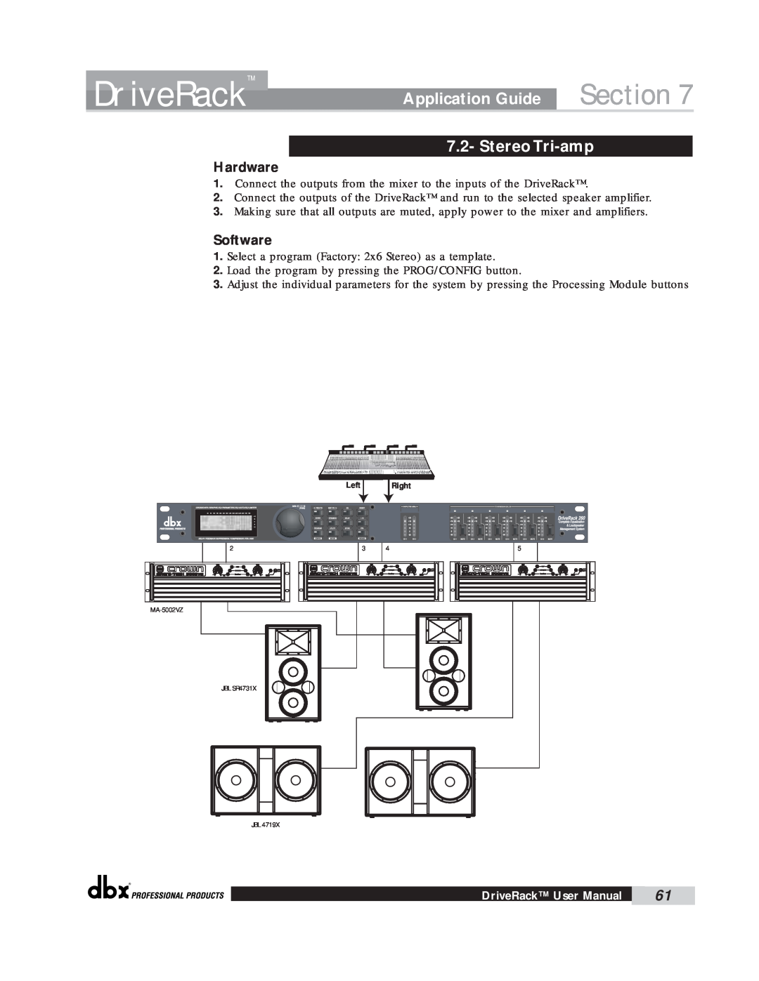 dbx Pro 260 user manual Section, Stereo Tri-amp, DriveRack, Application Guide, Hardware, Software 