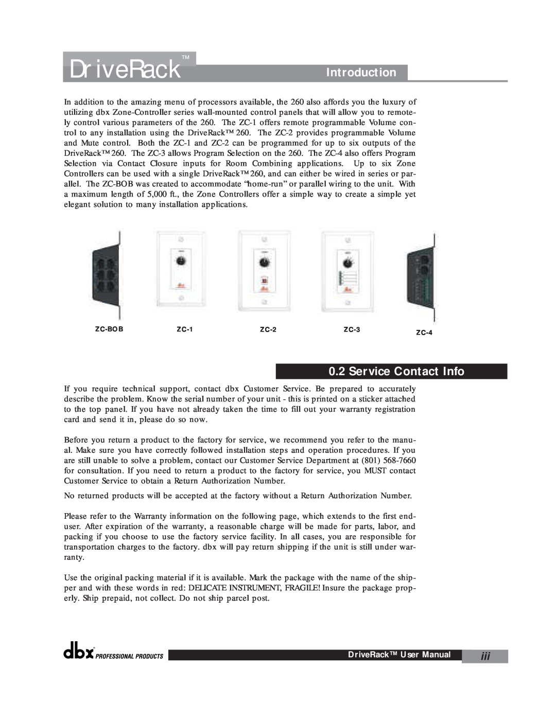 dbx Pro 260 user manual DriveRackIntroduction, Service Contact Info 