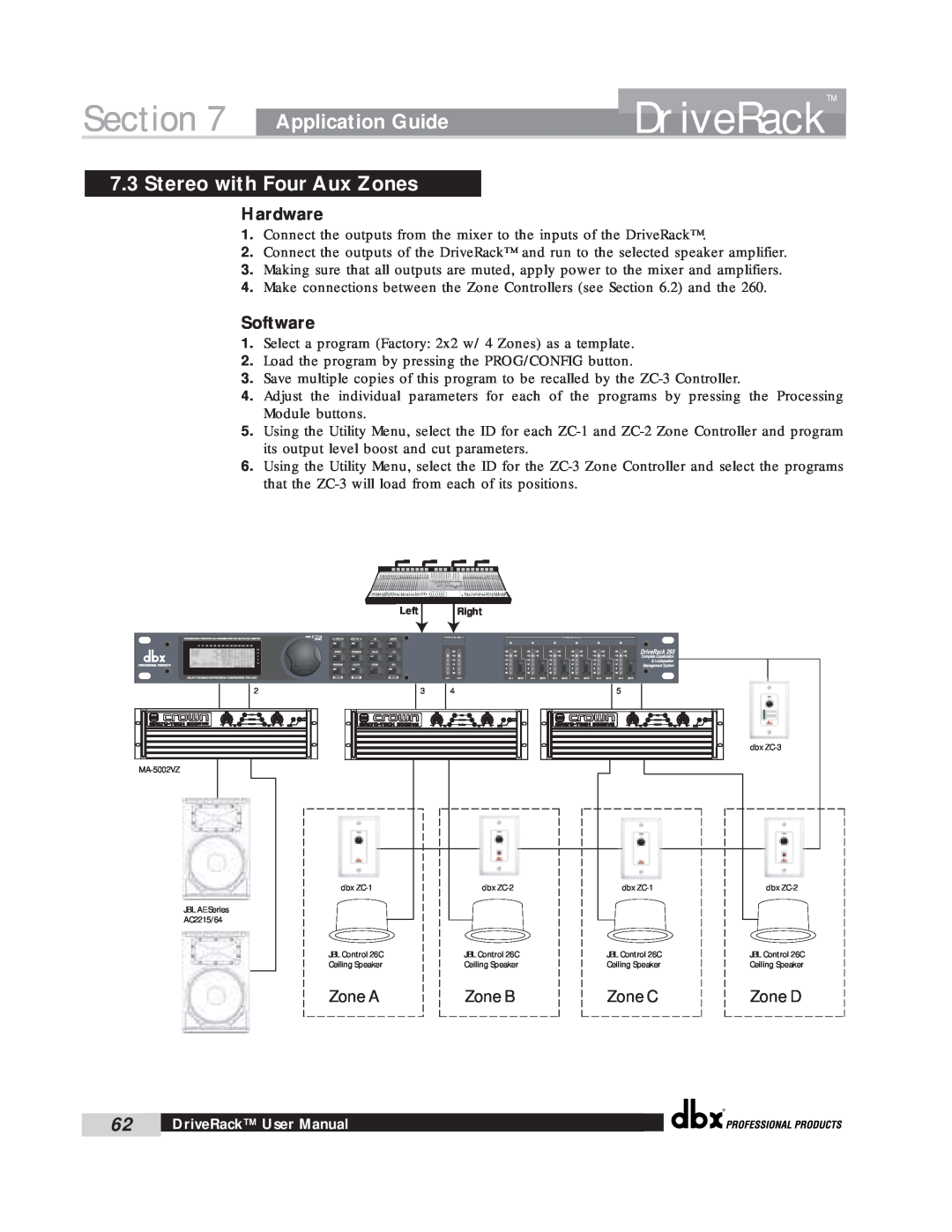 dbx Pro 260 user manual Stereo with Four Aux Zones, Section, DriveRack, Application Guide, Hardware, Software 
