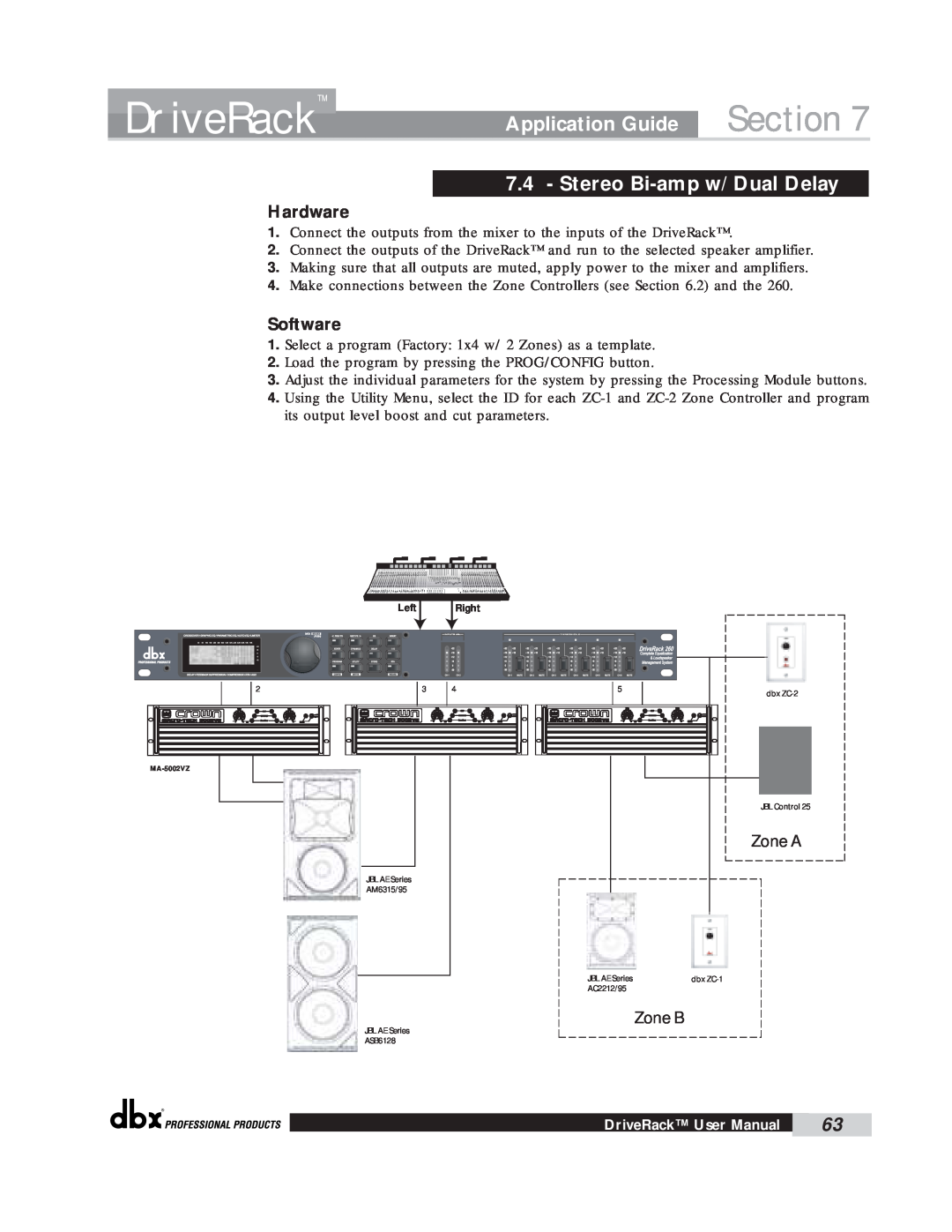 dbx Pro 260 user manual DriveRack, Stereo Bi-ampw/ Dual Delay, Section, Application Guide, Hardware, Software 