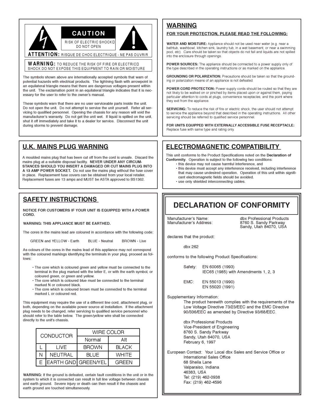 dbx Pro 262 operation manual Declaration of Conformity 