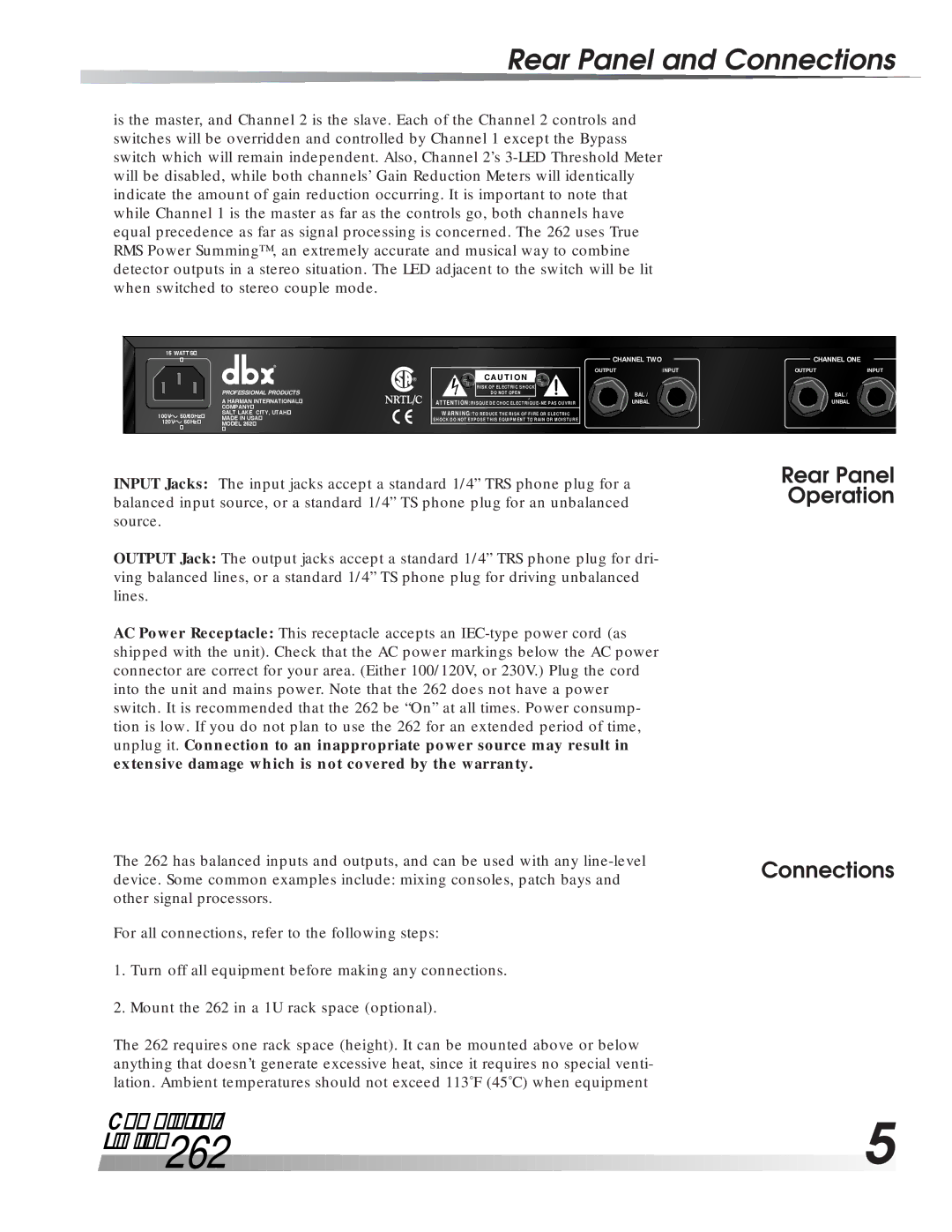 dbx Pro 262 operation manual Rear Panel and Connections, Rear Panel Operation Connections 