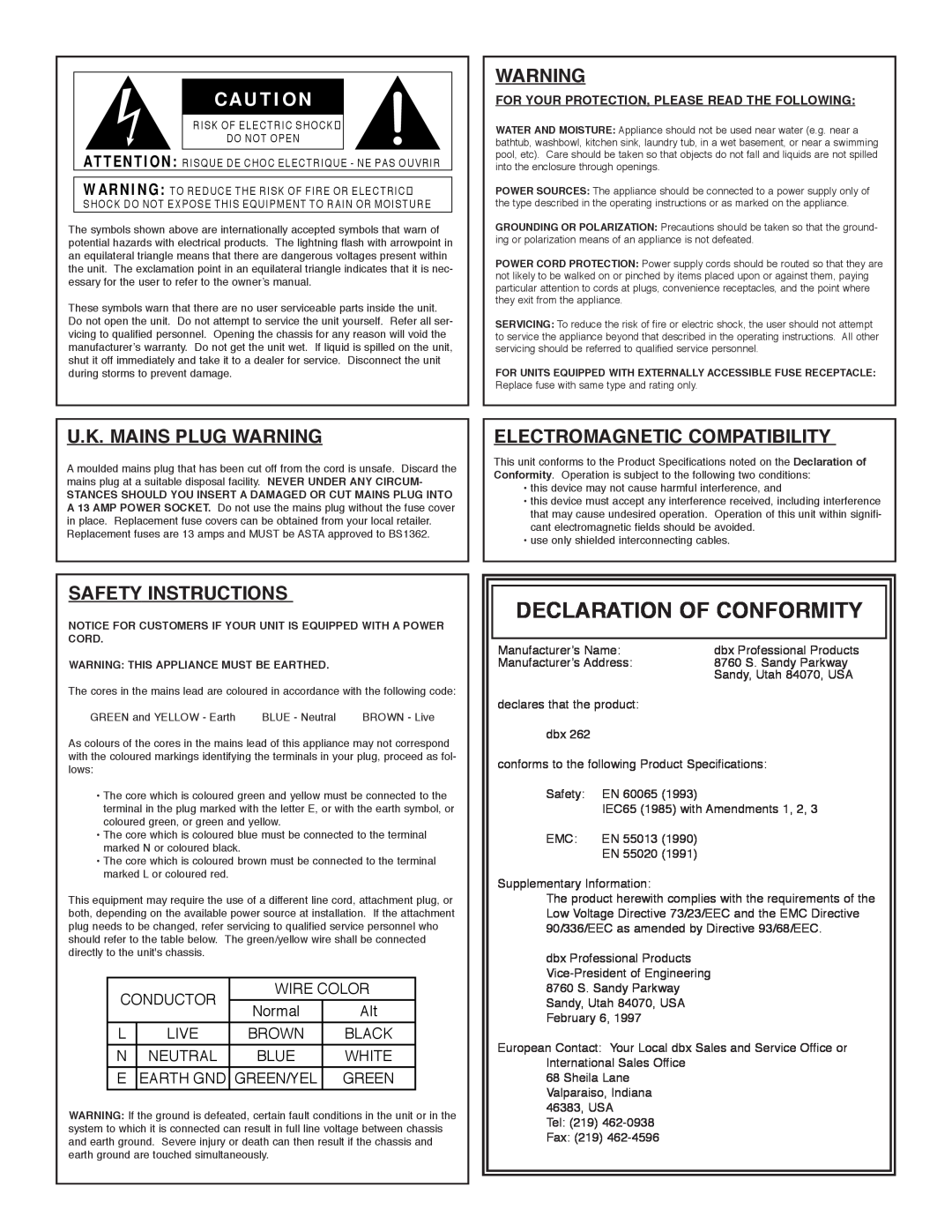 dbx Pro 262 Declaration Of Conformity, U.K. Mains Plug Warning, Electromagnetic Compatibility, Safety Instructions, Normal 