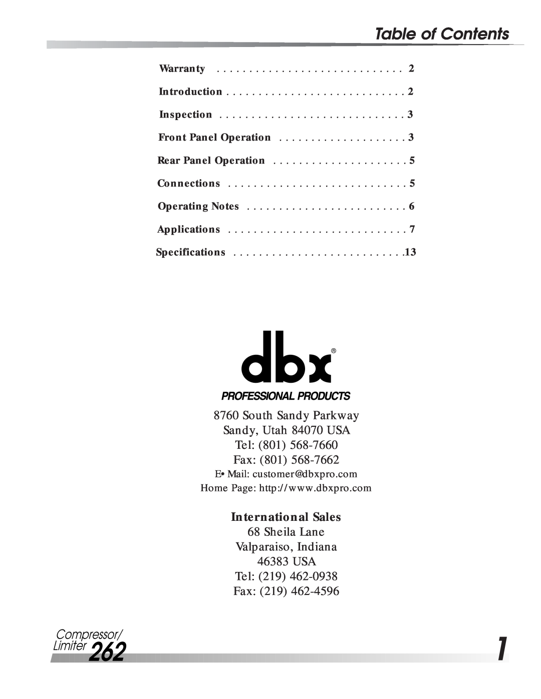 dbx Pro Table of Contents, Compressor Limiter2621, South Sandy Parkway Sandy, Utah 84070 USA, Tel 801 Fax, Tel 219 Fax 