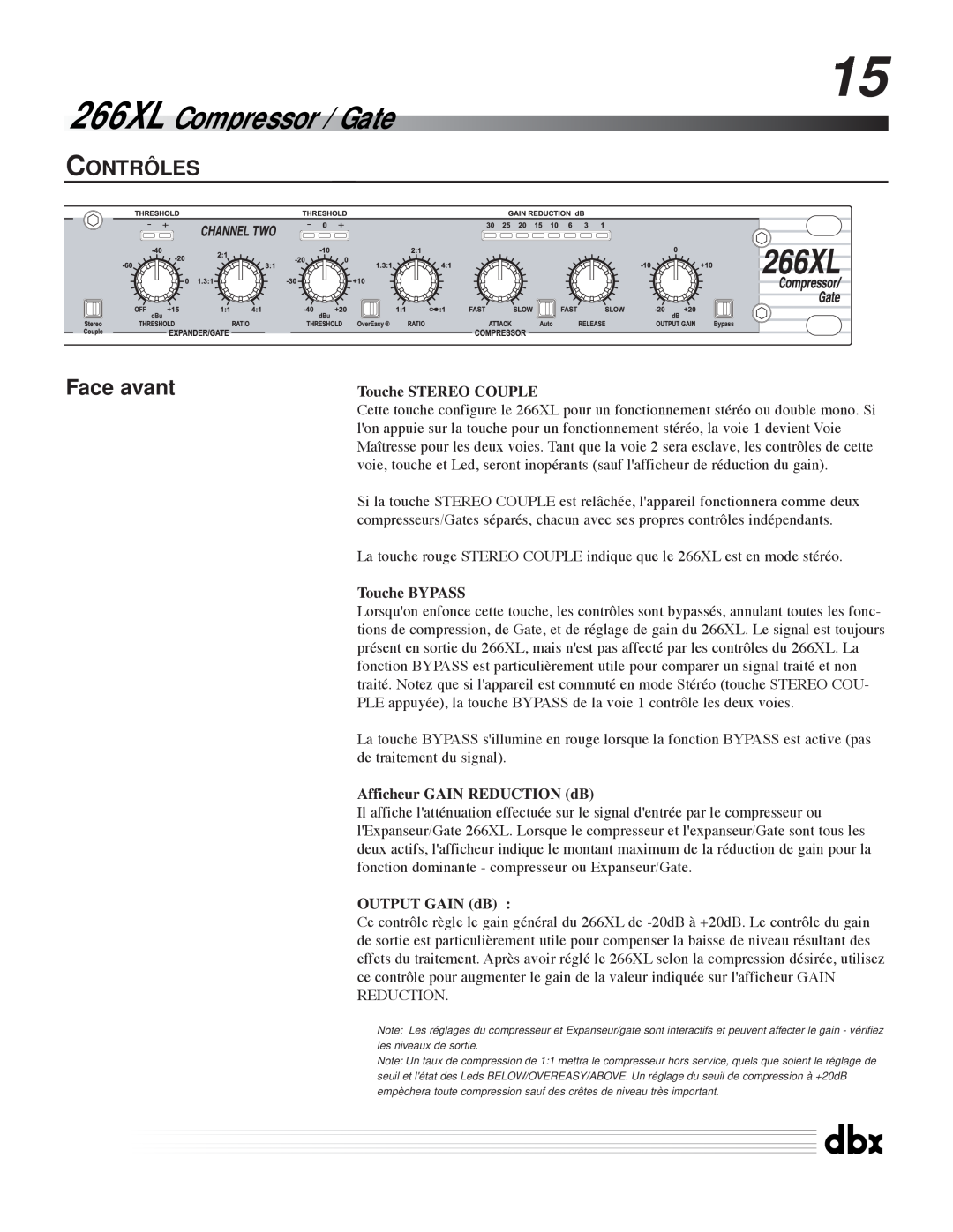 dbx Pro Contrôles, Face avant, 266XL Compressor / Gate, Touche STEREO COUPLE, Touche BYPASS, OUTPUT GAIN dB 
