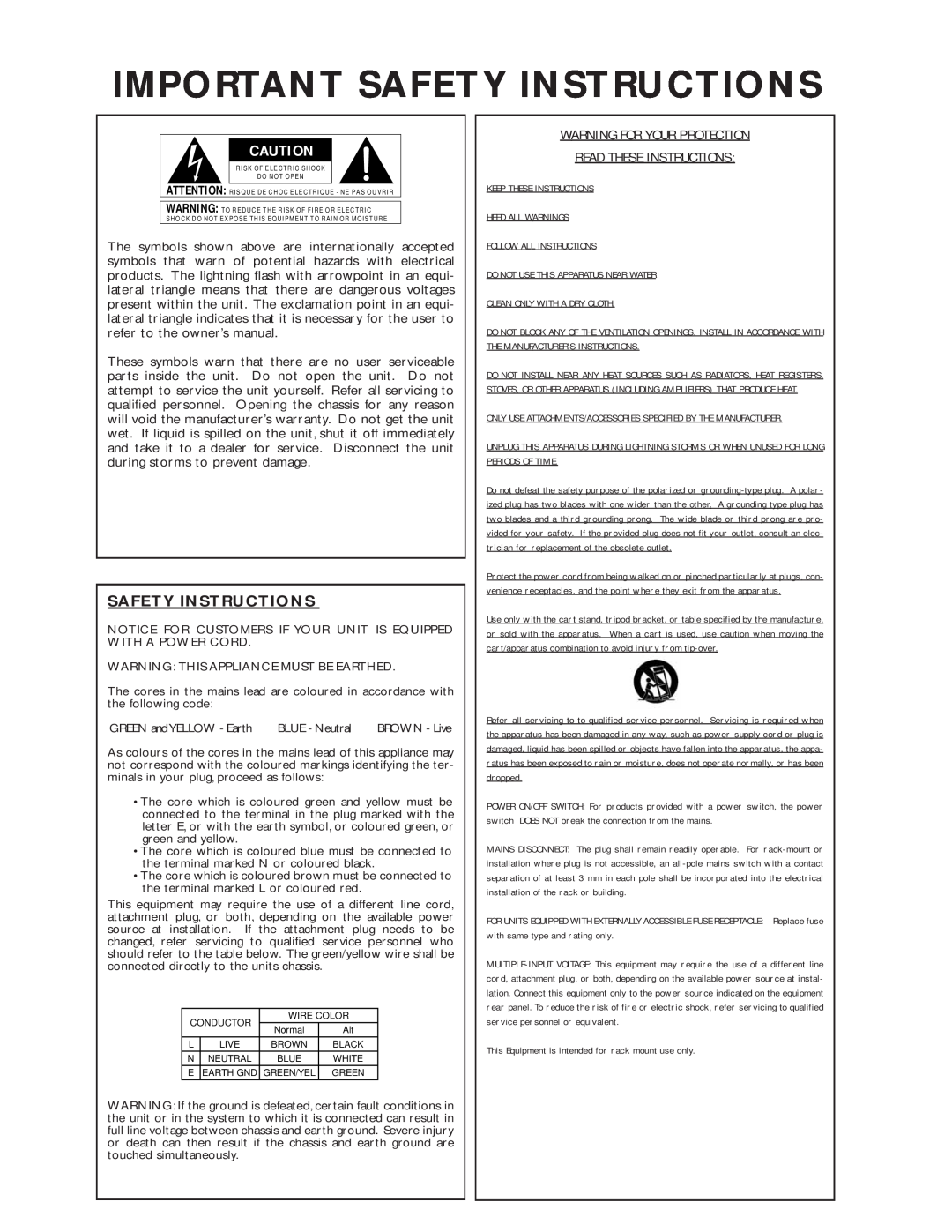 dbx Pro 266XL manuel dutilisation Important Safety Instructions, Warning For Your Protection Read These Instructions 