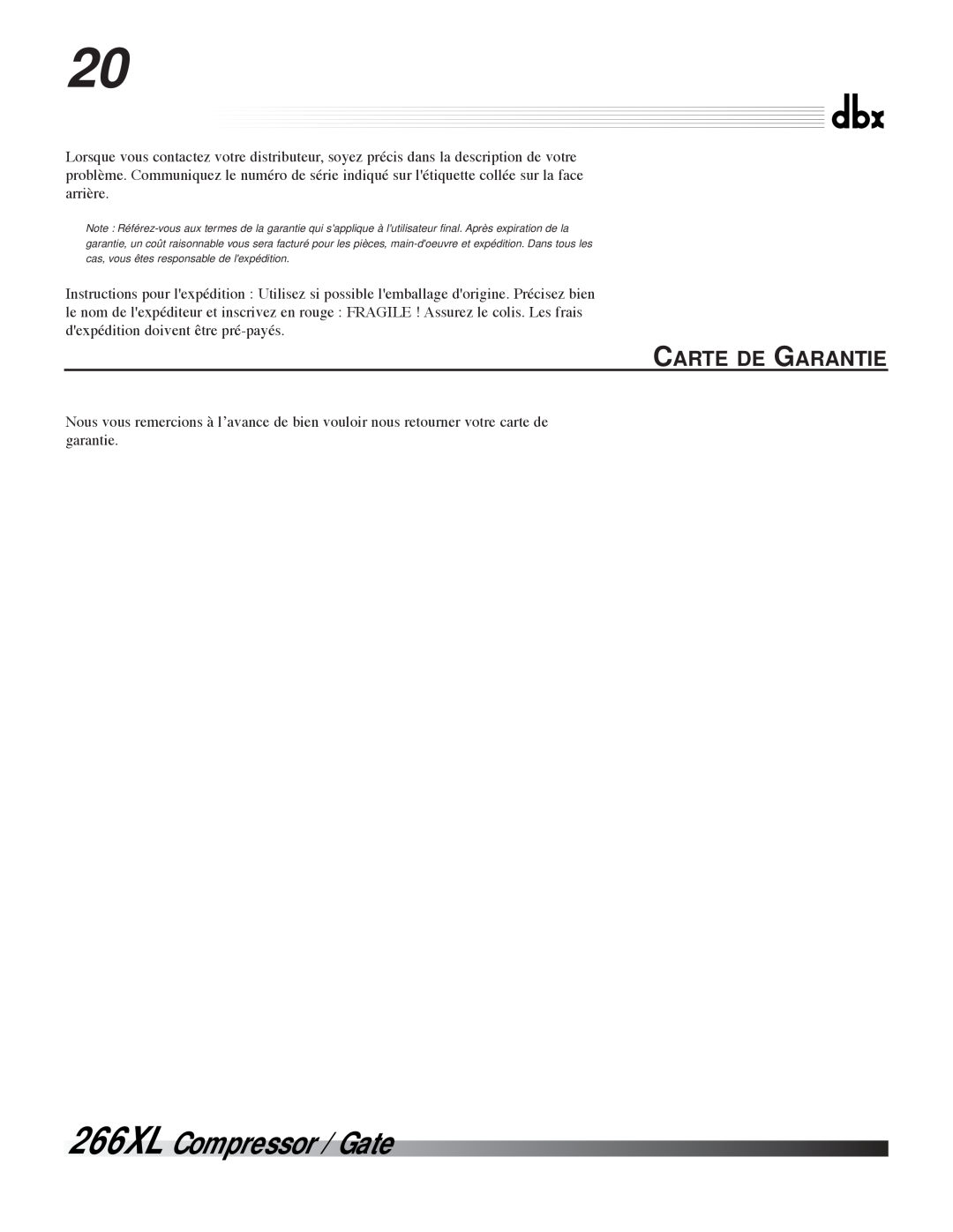 dbx Pro manuel dutilisation Carte De Garantie, 266XL Compressor / Gate 