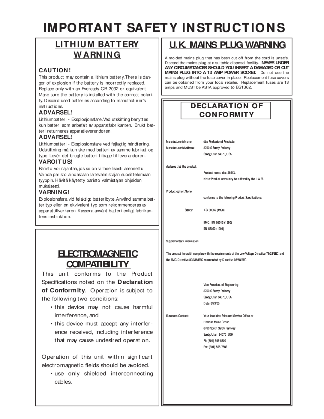 dbx Pro 266XL Important Safety Instructions, Lithium Battery, Electromagnetic Compatibility, U.K. Mains Plug Warning 
