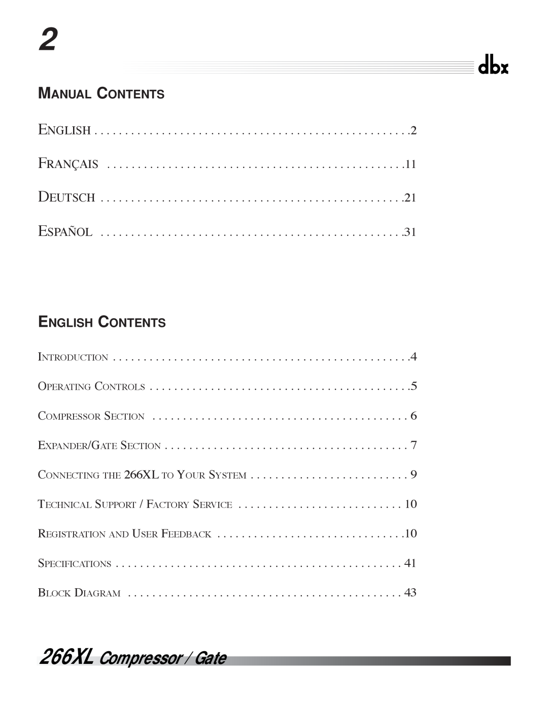 dbx Pro 266XL Manual Contents, English Français Deutsch Español, English Contents, Registration And User Feedback 