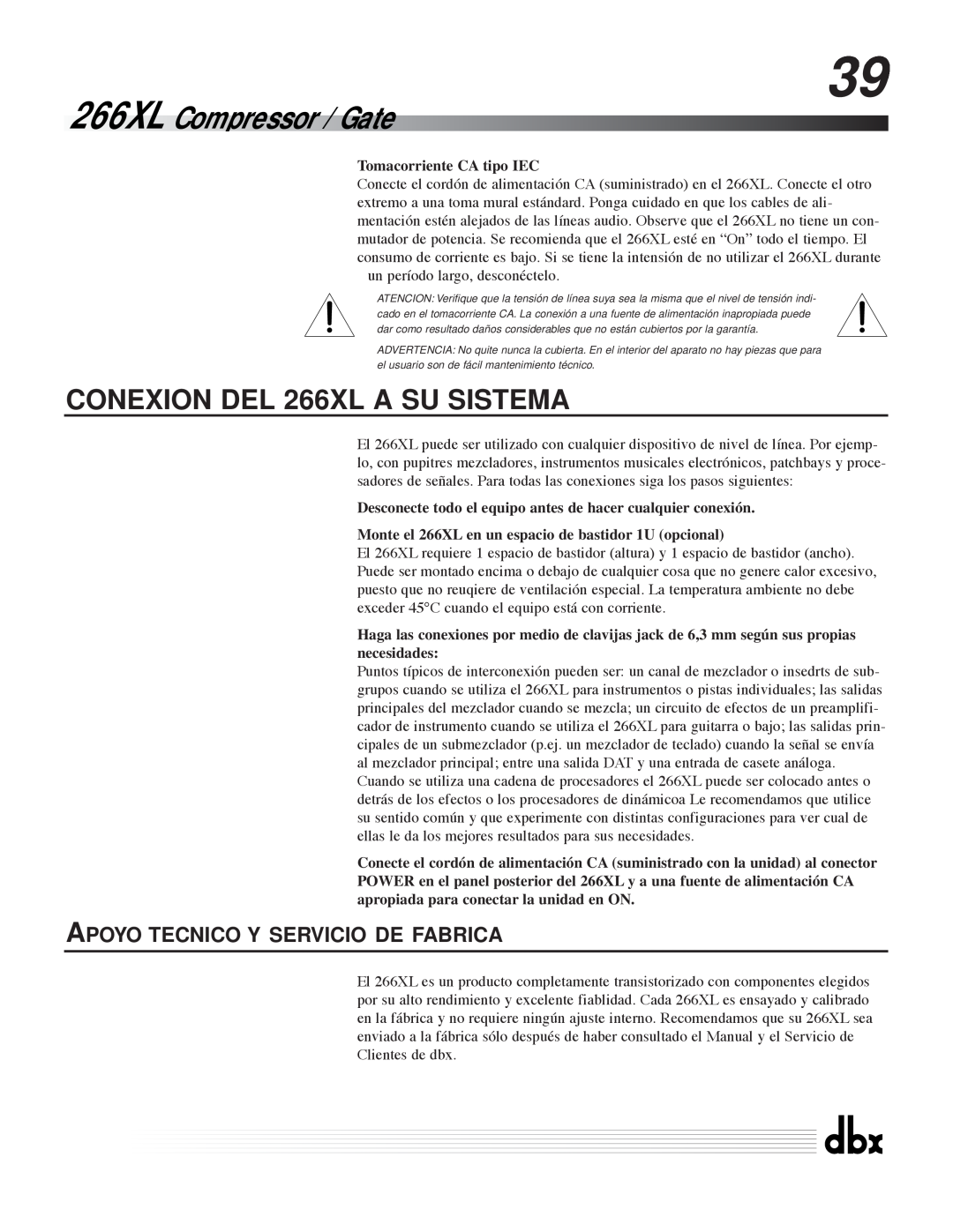 dbx Pro Apoyo Tecnico Y Servicio De Fabrica, 266XL Compressor / Gate, CONEXION DEL 266XL A SU SISTEMA 