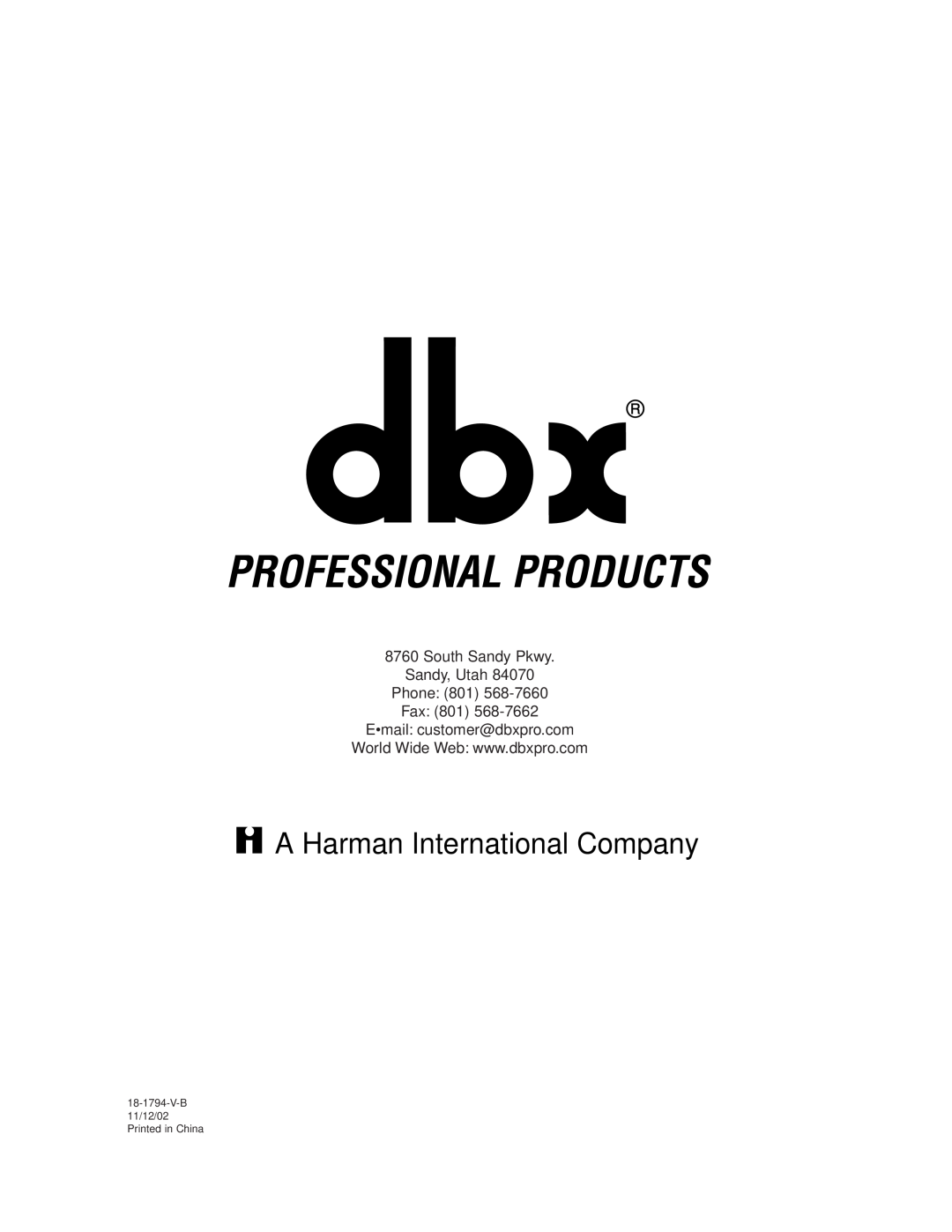 dbx Pro 266XL A Harman International Company, South Sandy Pkwy Sandy, Utah Phone 801 Fax 801, Email customer@dbxpro.com 