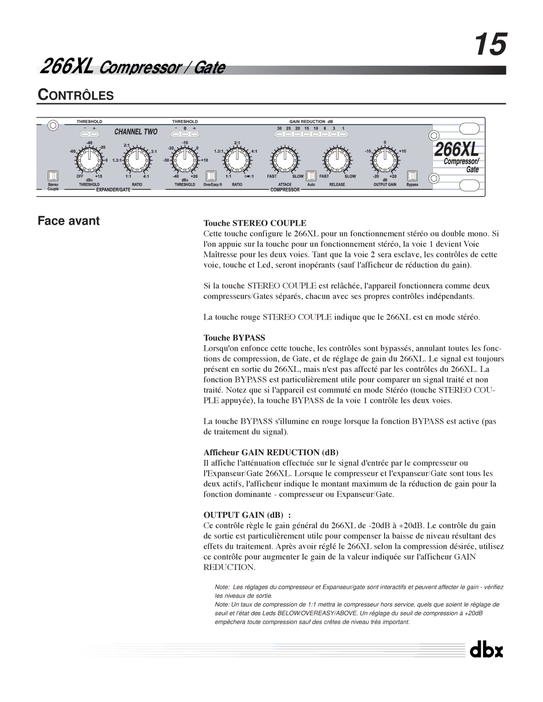 dbx Pro 266XL Contrôles, Touche Stereo Couple, Touche Bypass, Afficheur Gain Reduction dB, Output Gain dB 