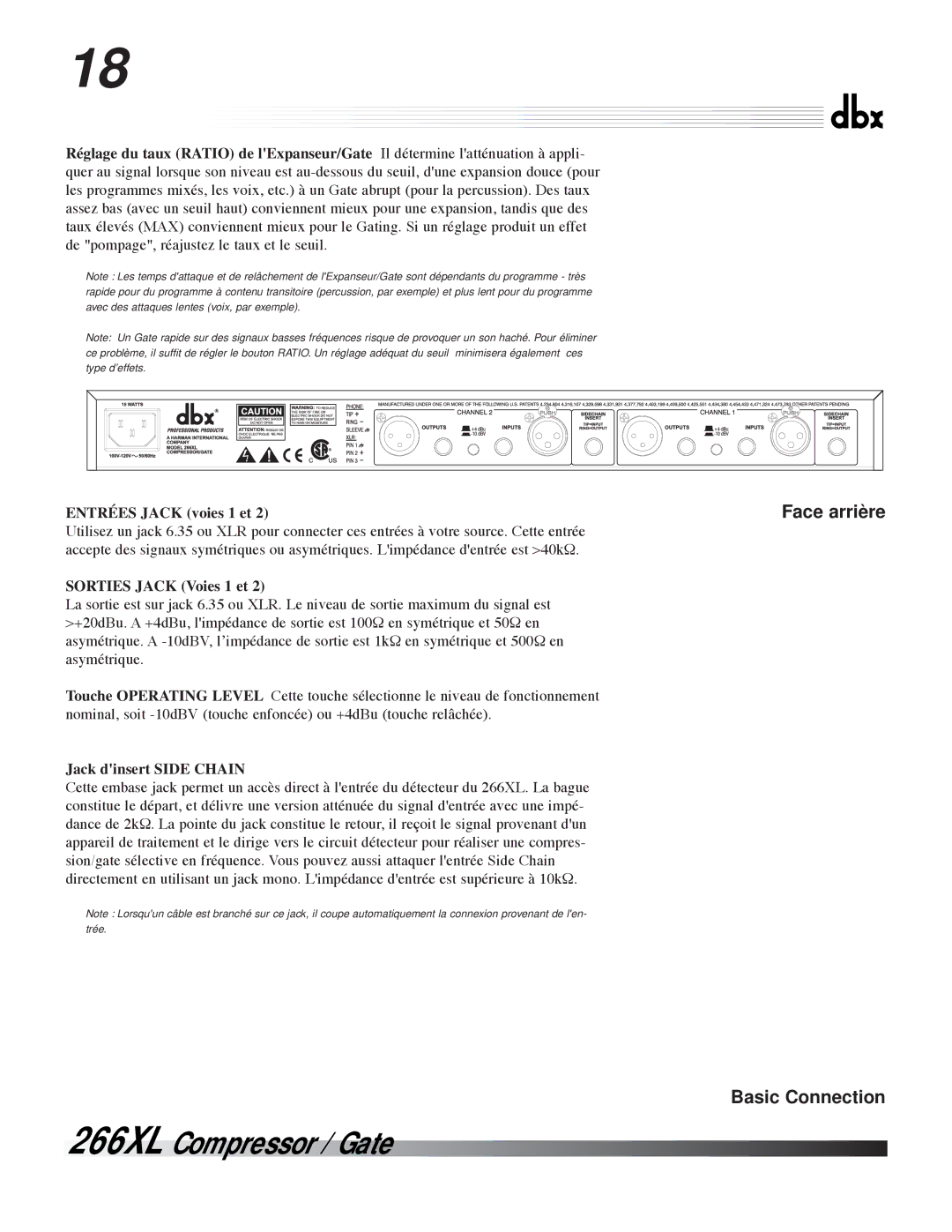 dbx Pro 266XL manuel dutilisation Sorties Jack Voies 1 et, Jack dinsert Side Chain 
