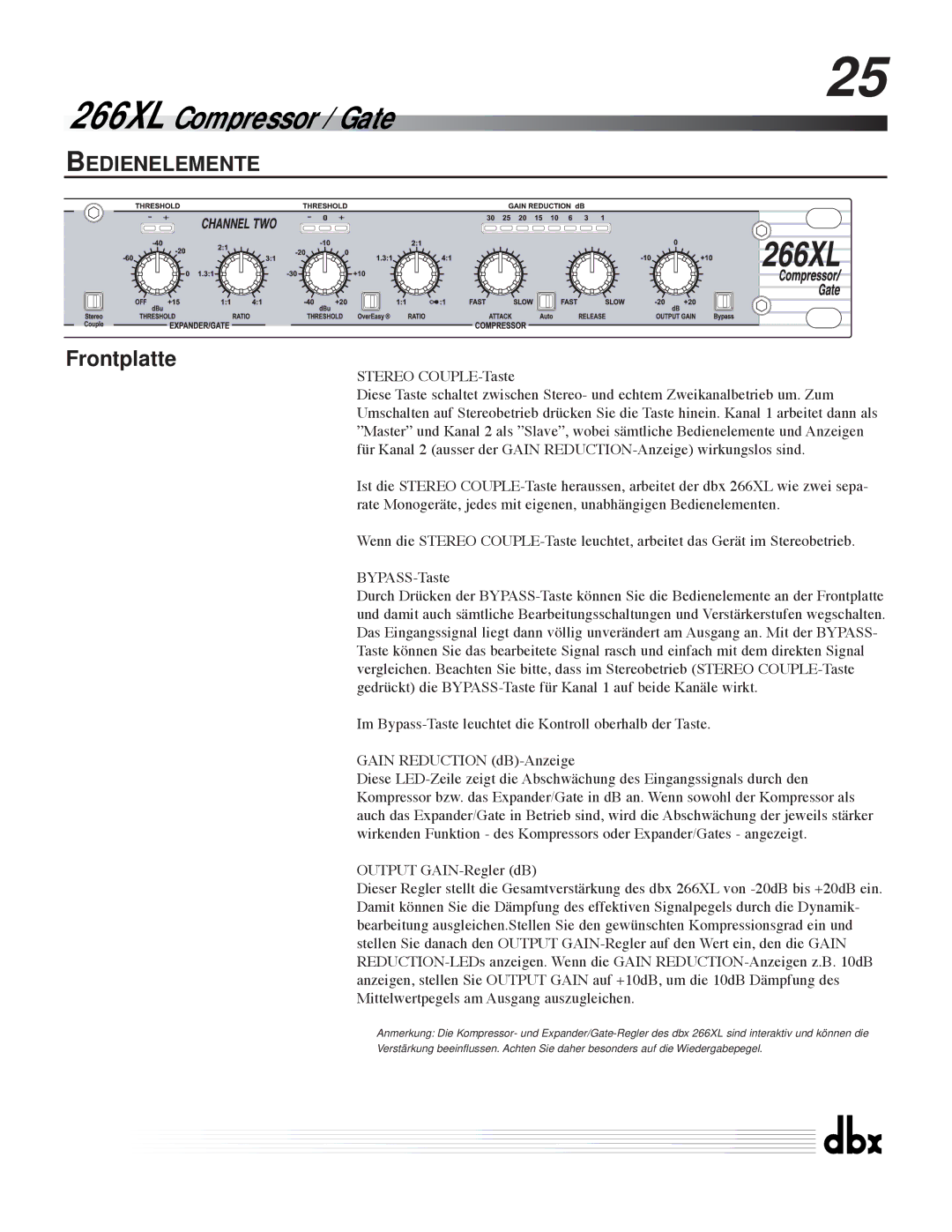 dbx Pro 266XL manuel dutilisation Bedienelemente, Frontplatte 