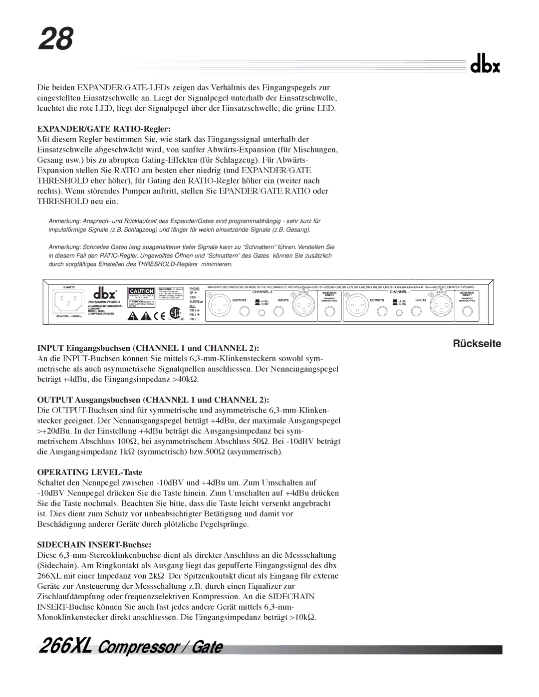 dbx Pro 266XL EXPANDER/GATE RATIO-Regler, Input Eingangsbuchsen Channel 1 und Channel, Operating LEVEL-Taste 