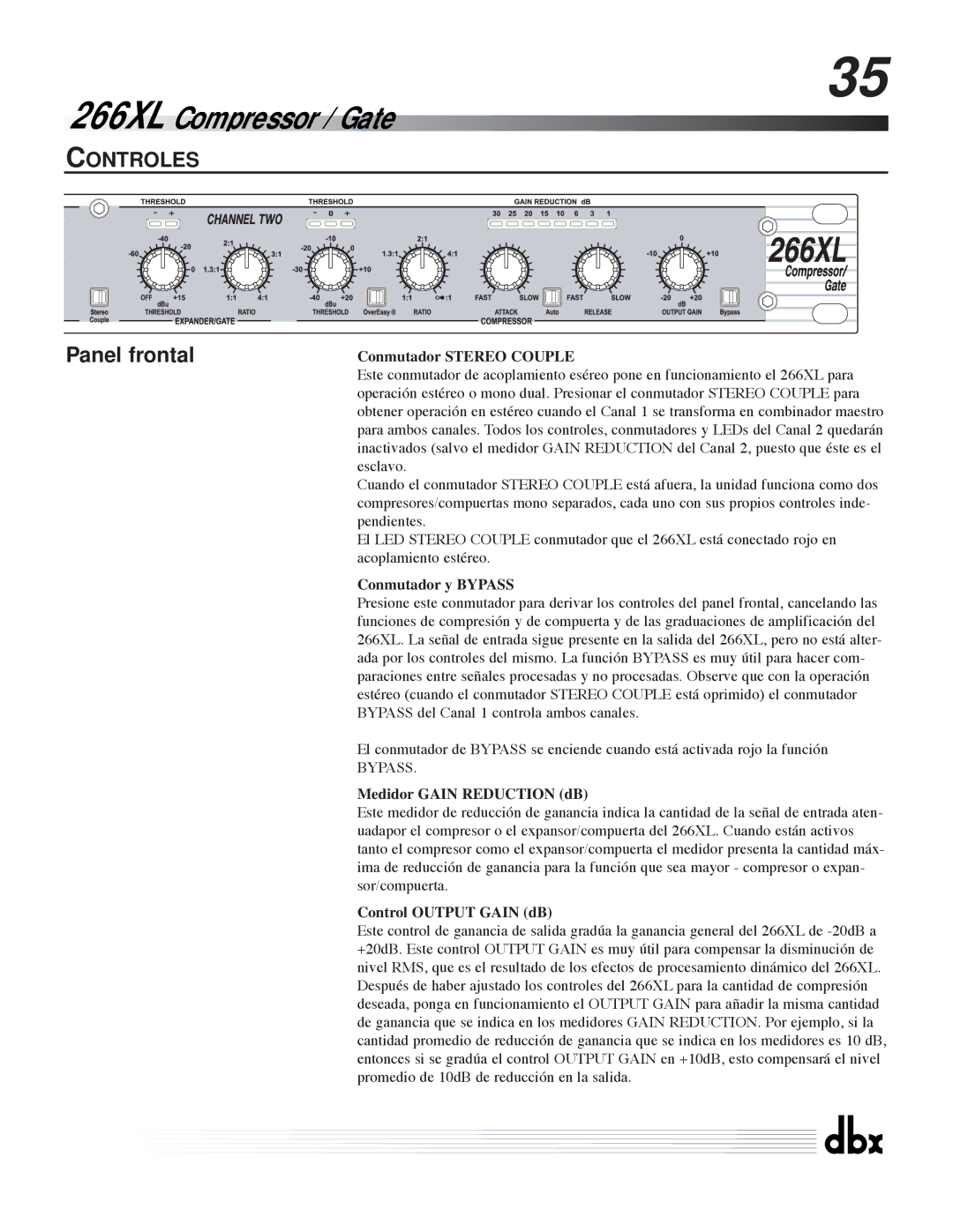 dbx Pro 266XL Controles, Conmutador Stereo Couple, Conmutador y Bypass, Medidor Gain Reduction dB, Control Output Gain dB 