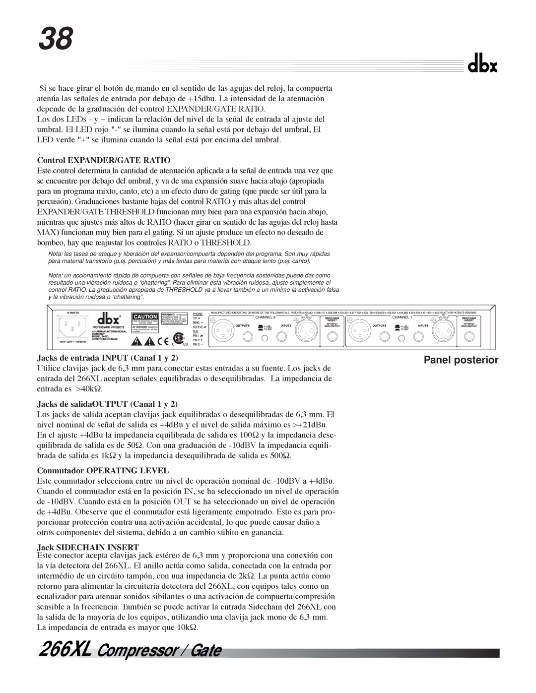 dbx Pro 266XL Control EXPANDER/GATE Ratio, Jacks de entrada Input Canal 1 y, Jacks de salidaOUTPUT Canal 1 y 