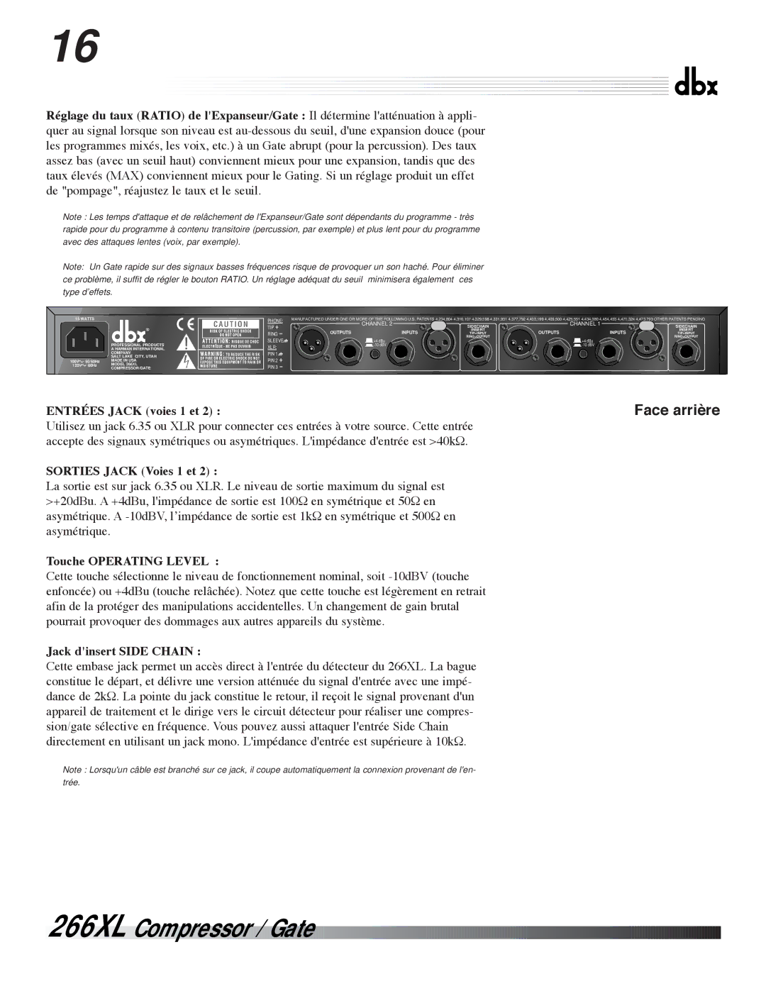 dbx Pro 266XL ENTRƒES Jack voies 1 et, Sorties Jack Voies 1 et, Touche Operating Level, Jack dinsert Side Chain 
