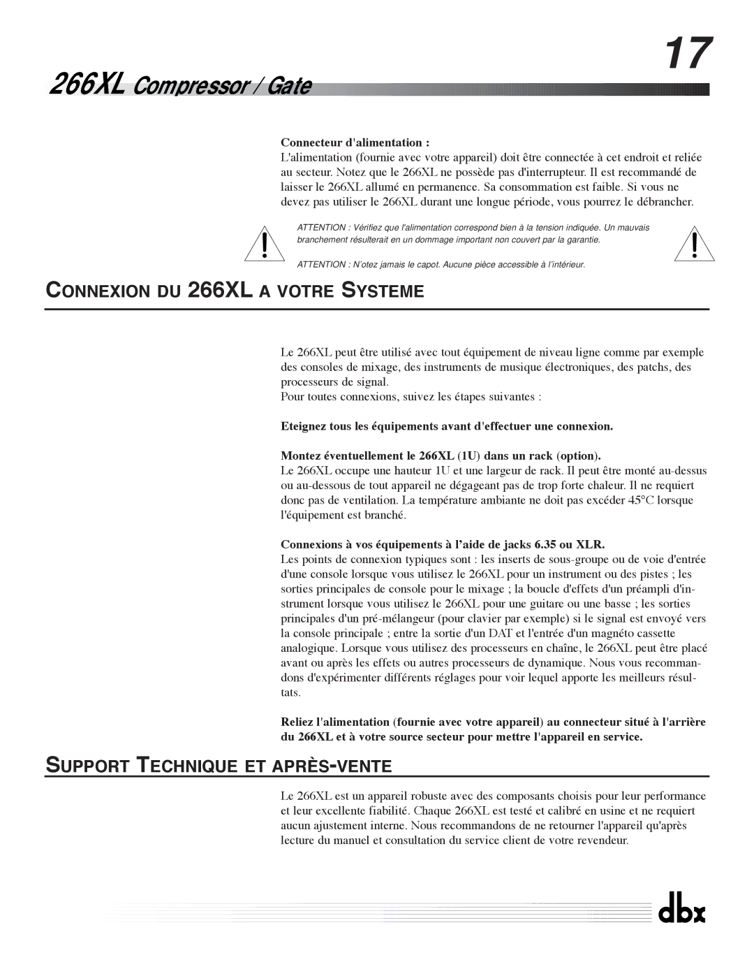 dbx Pro manuel dutilisation Connexion DU 266XL a Votre Systeme, Connecteur dalimentation 