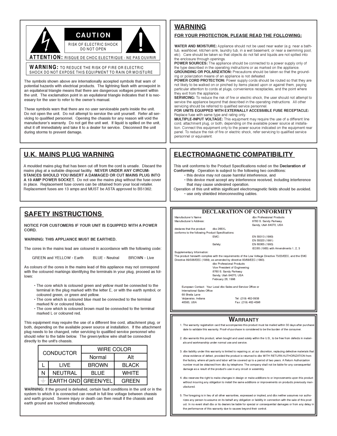 dbx Pro 266XL manuel dutilisation Mains Plug Warning 