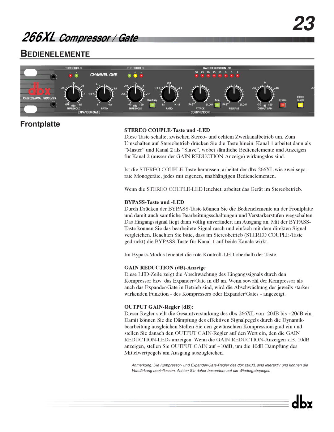 dbx Pro 266XL Bedienelemente, Stereo COUPLE-Taste und -LED, BYPASS-Taste und -LED, Gain Reduction dB-Anzeige 