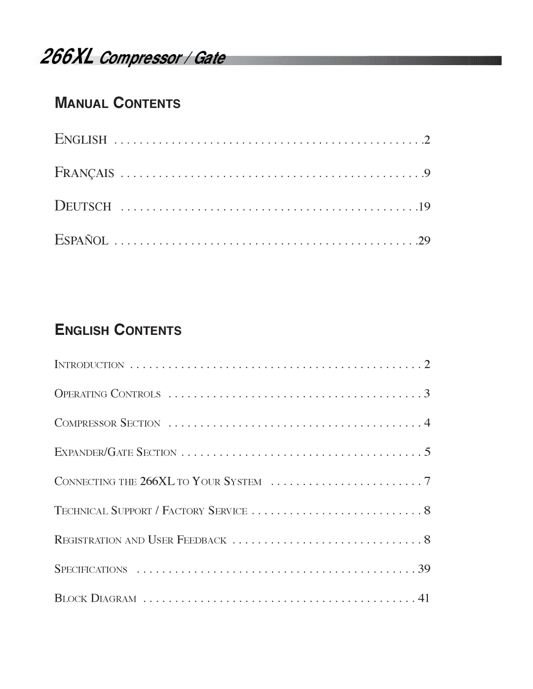 dbx Pro 266XL manuel dutilisation Manual Contents, English Contents 