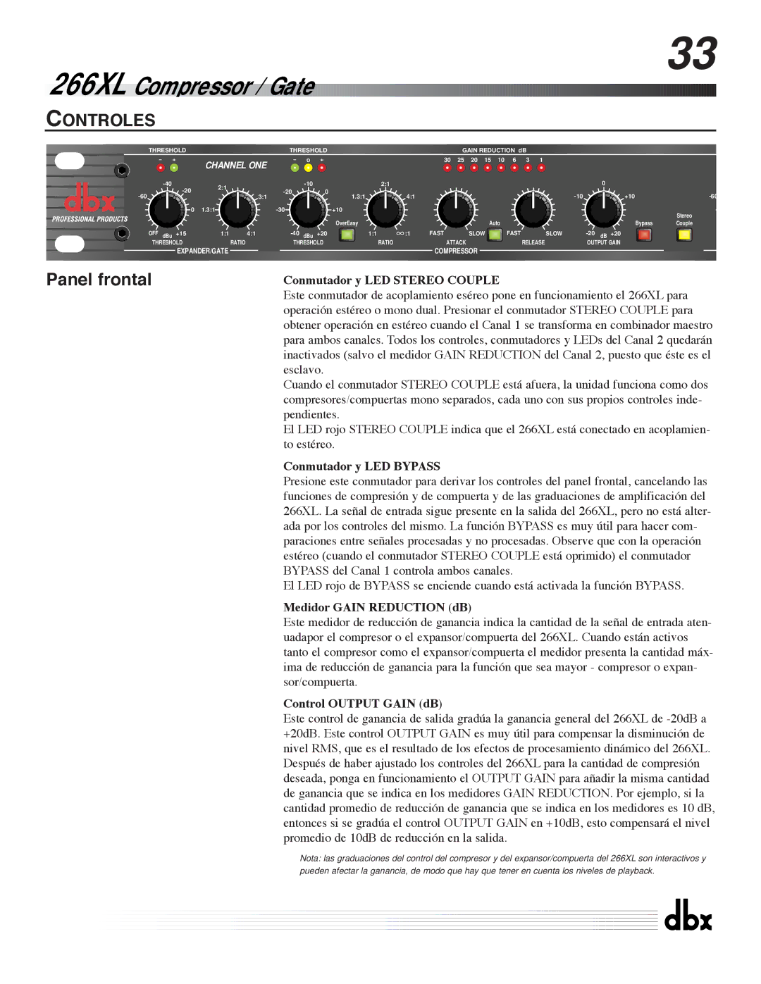 dbx Pro 266XL Controles, Conmutador y LED Stereo Couple, Conmutador y LED Bypass, Medidor Gain Reduction dB 