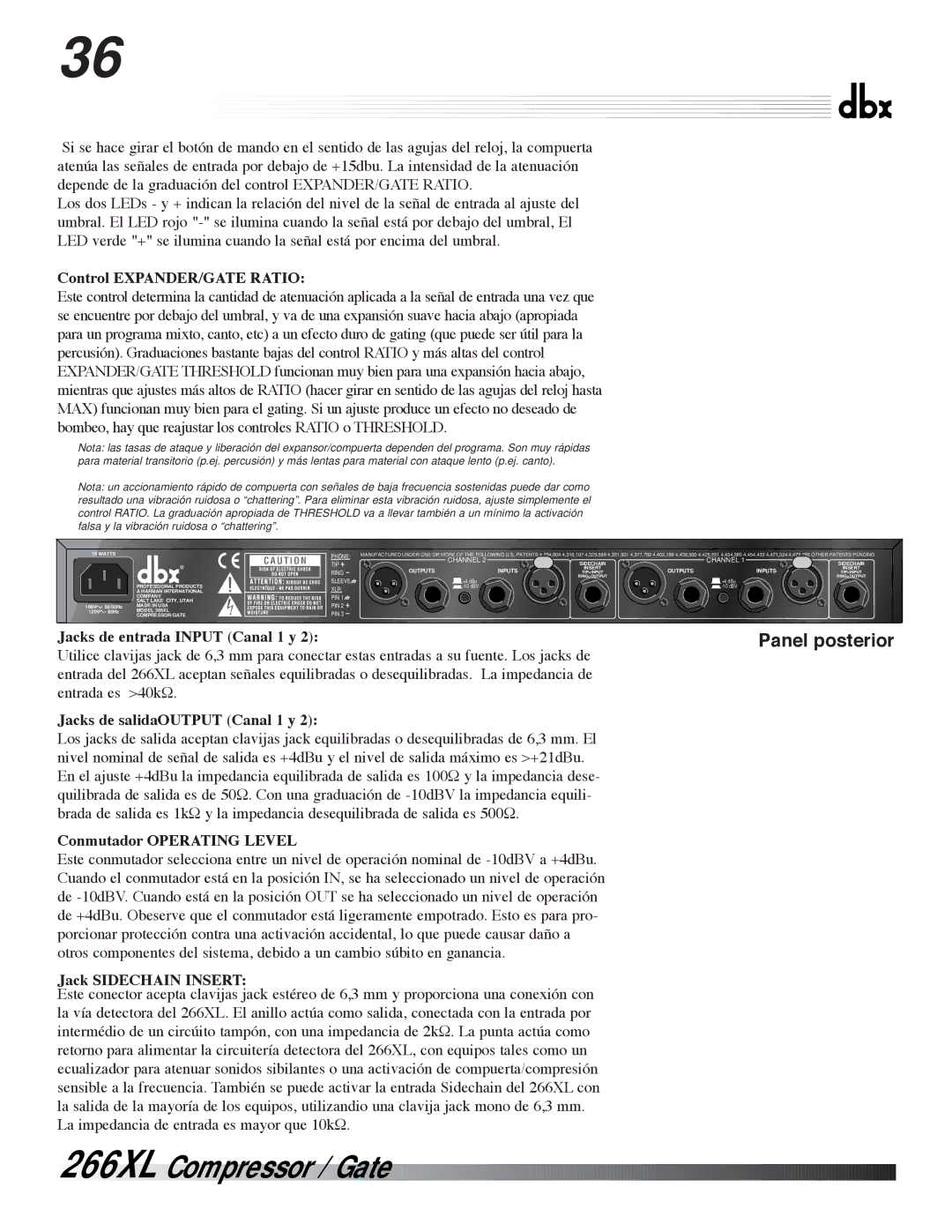 dbx Pro 266XL Control EXPANDER/GATE Ratio, Jacks de entrada Input Canal 1 y, Jacks de salidaOUTPUT Canal 1 y 